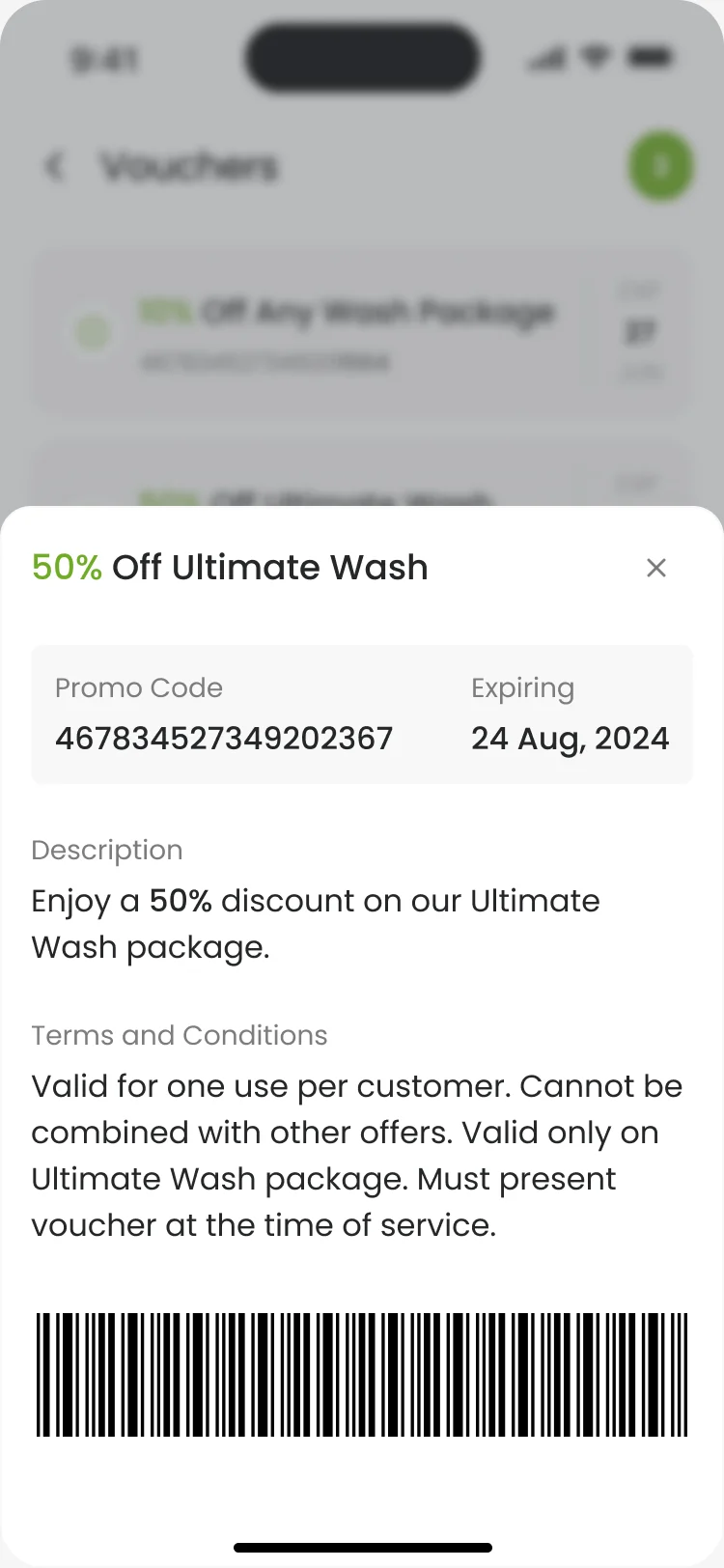 Voucher details: 50% Off Ultimate Wash, promo code, expiry date, description, terms and a barcode