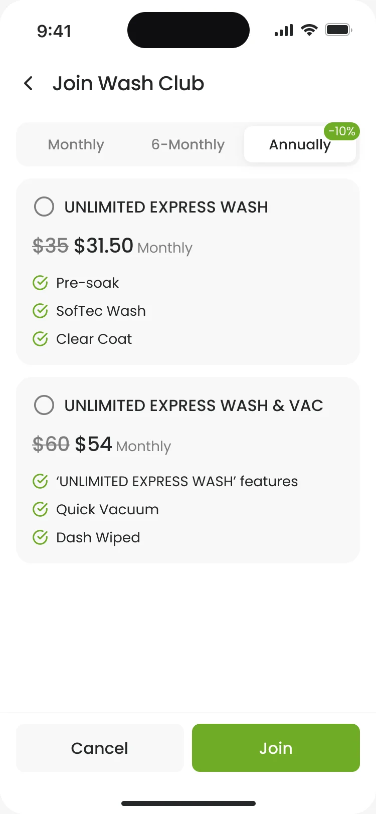 Join Wash Club, Annually selected with -10%: Unlimited Express Wash $31.50 instead of $35 and Unlimited Express Wash & Vac $54 instead of $60 a month, with what each includes