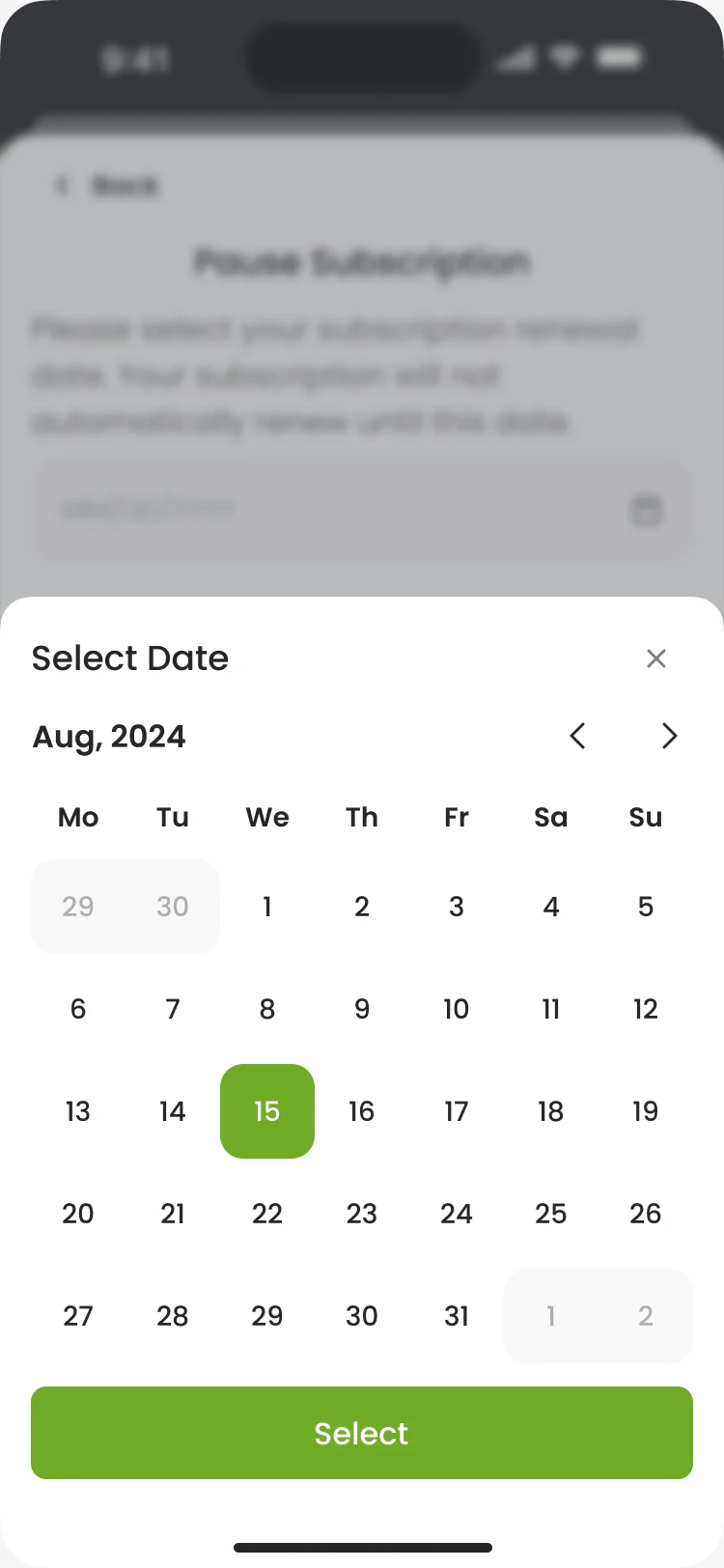Pause Subscription with a calendar sheet, August 15, 2024 selected