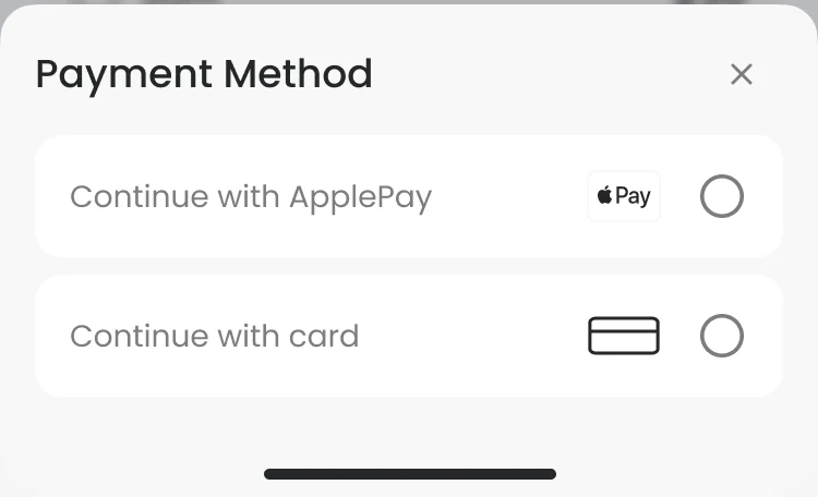 The same Payment Method sheet over the self-serve time choice