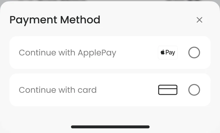 Payment Method sheet over the wash choice: Continue with ApplePay and Continue with card