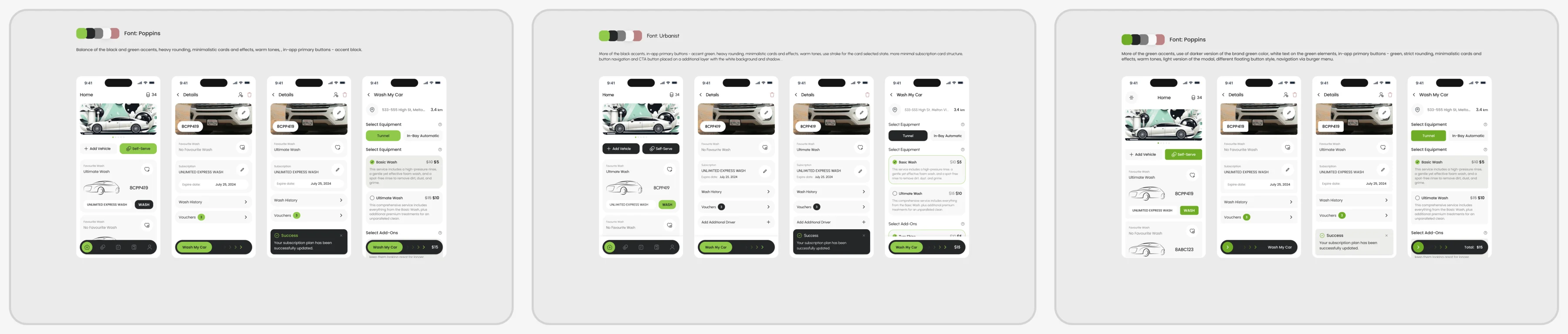 Three UI styles on the same four screens: green and black accents in Poppins, black accents in Urbanist, and more green with a floating button in Poppins