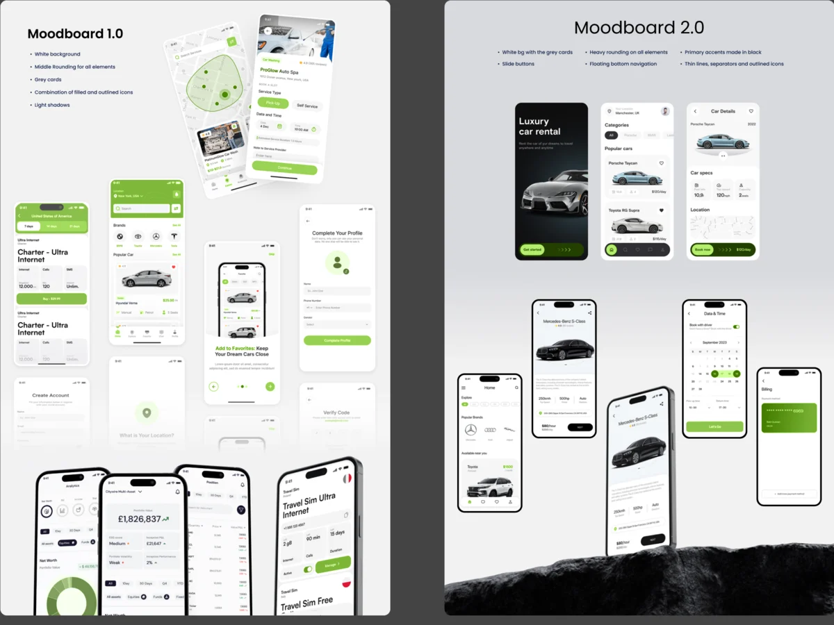 Two moodboards: white background with grey cards and middle rounding, and white with grey cards, heavy rounding and slide buttons, each over reference screens