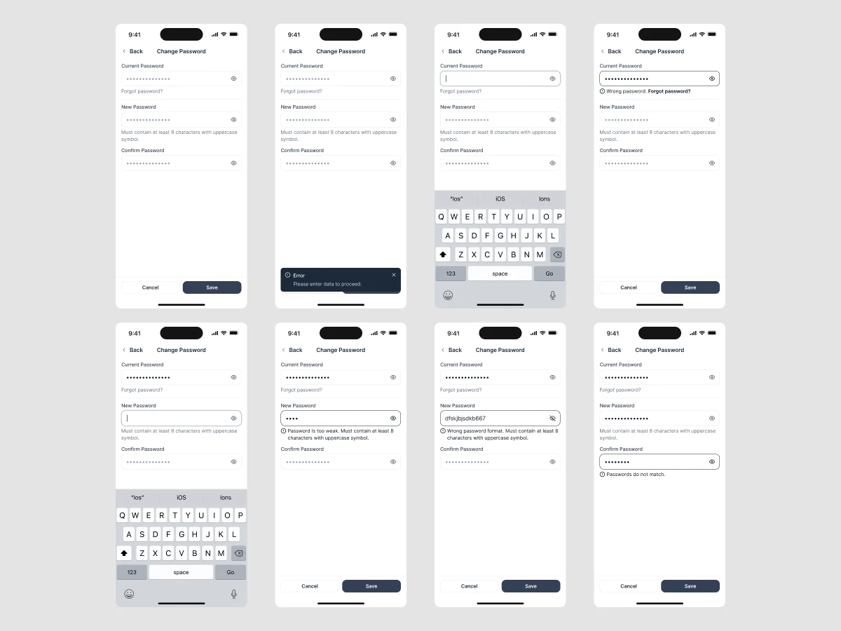 Eight grey wireframes of Change Password: empty, the missing-data error, typing, a wrong password, a weak password, a wrong format and passwords that don’t match