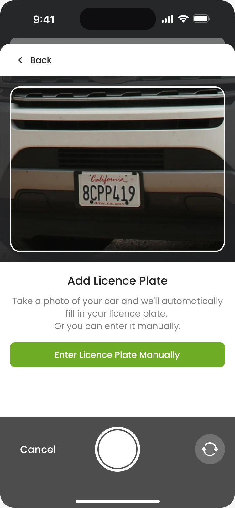 Add Licence Plate: the camera framing a plate, with Enter Licence Plate Manually
