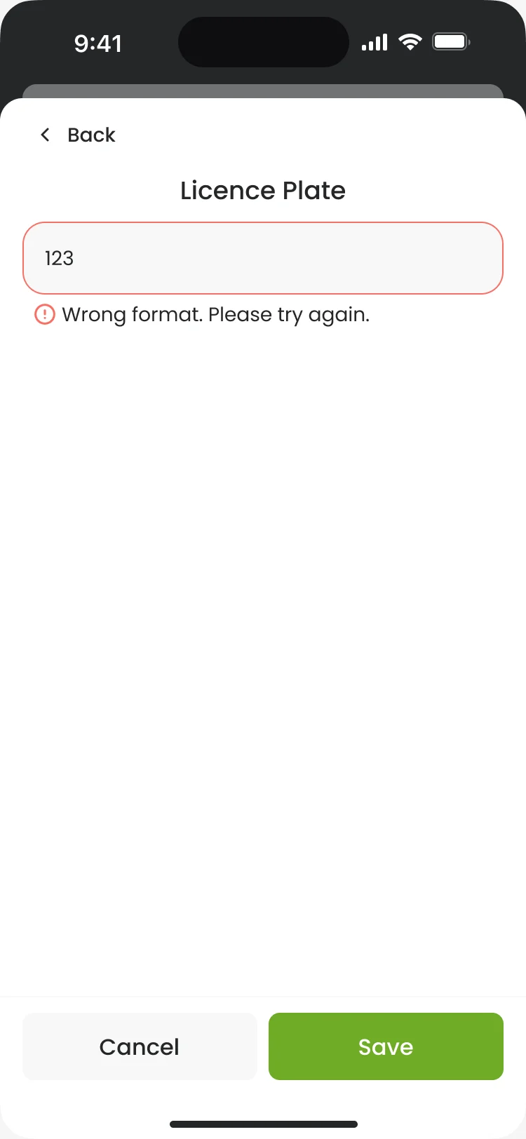 Licence Plate field with 123 and the error Wrong format. Please try again.