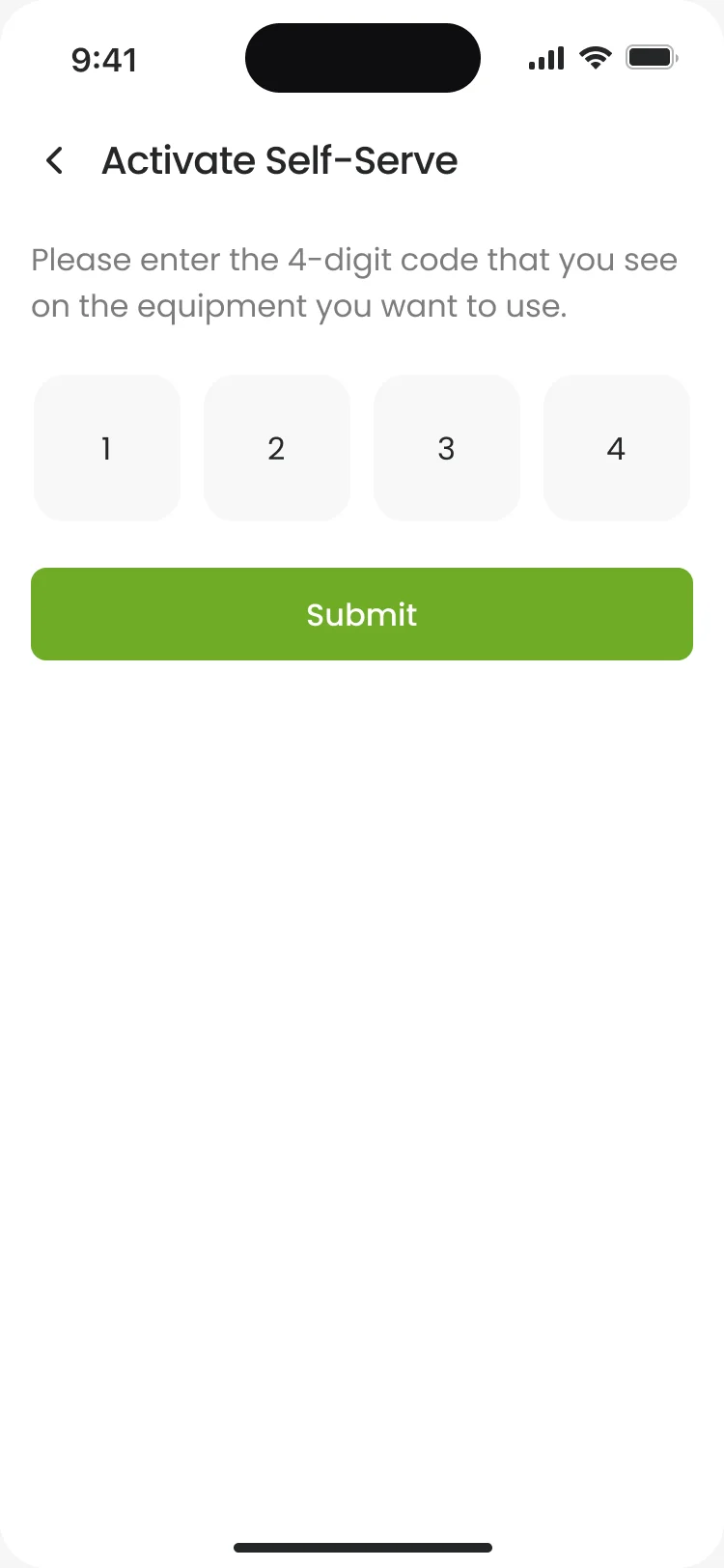 Activate Self-Serve: the four-digit code 1 2 3 4 entered, with Submit