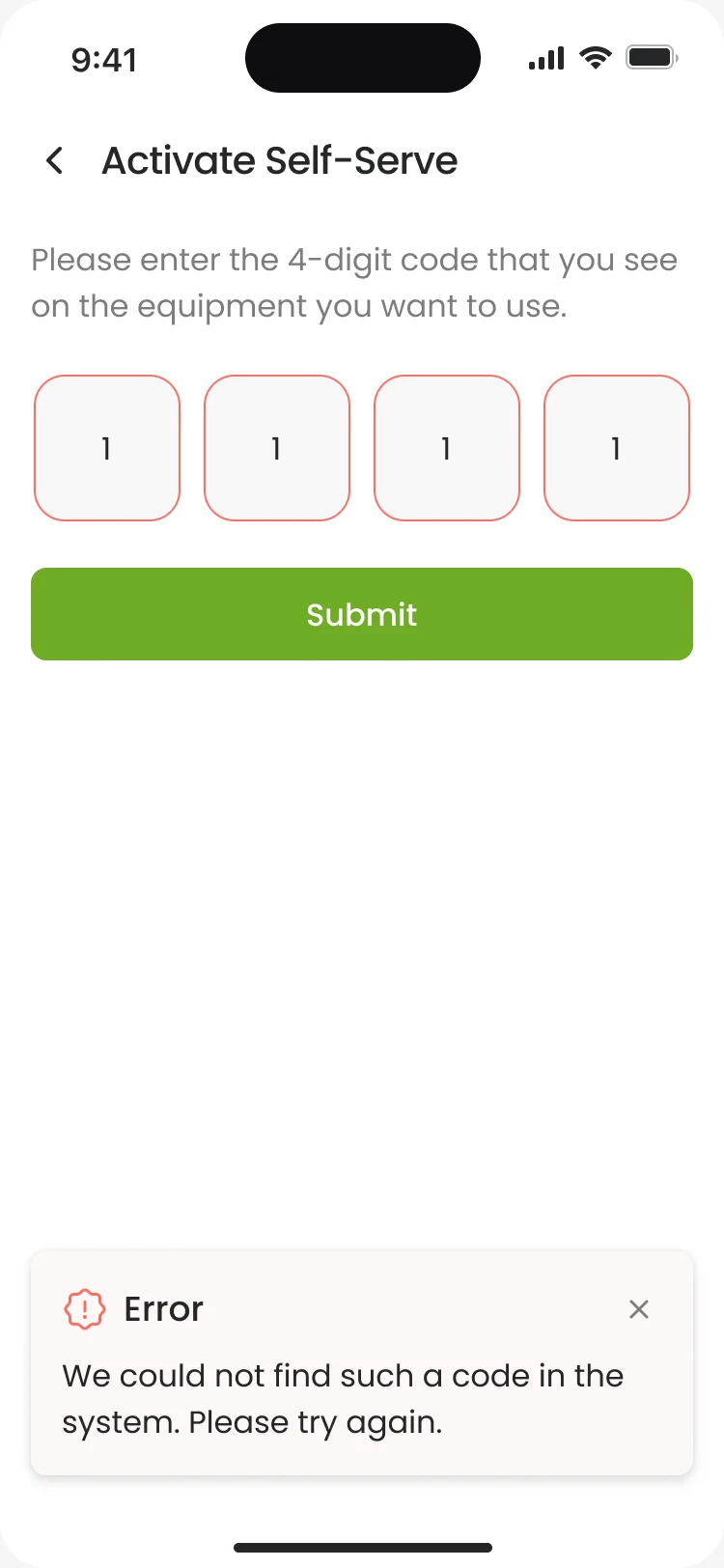 Activate Self-Serve with the code boxes in red and the error We could not find such a code in the system