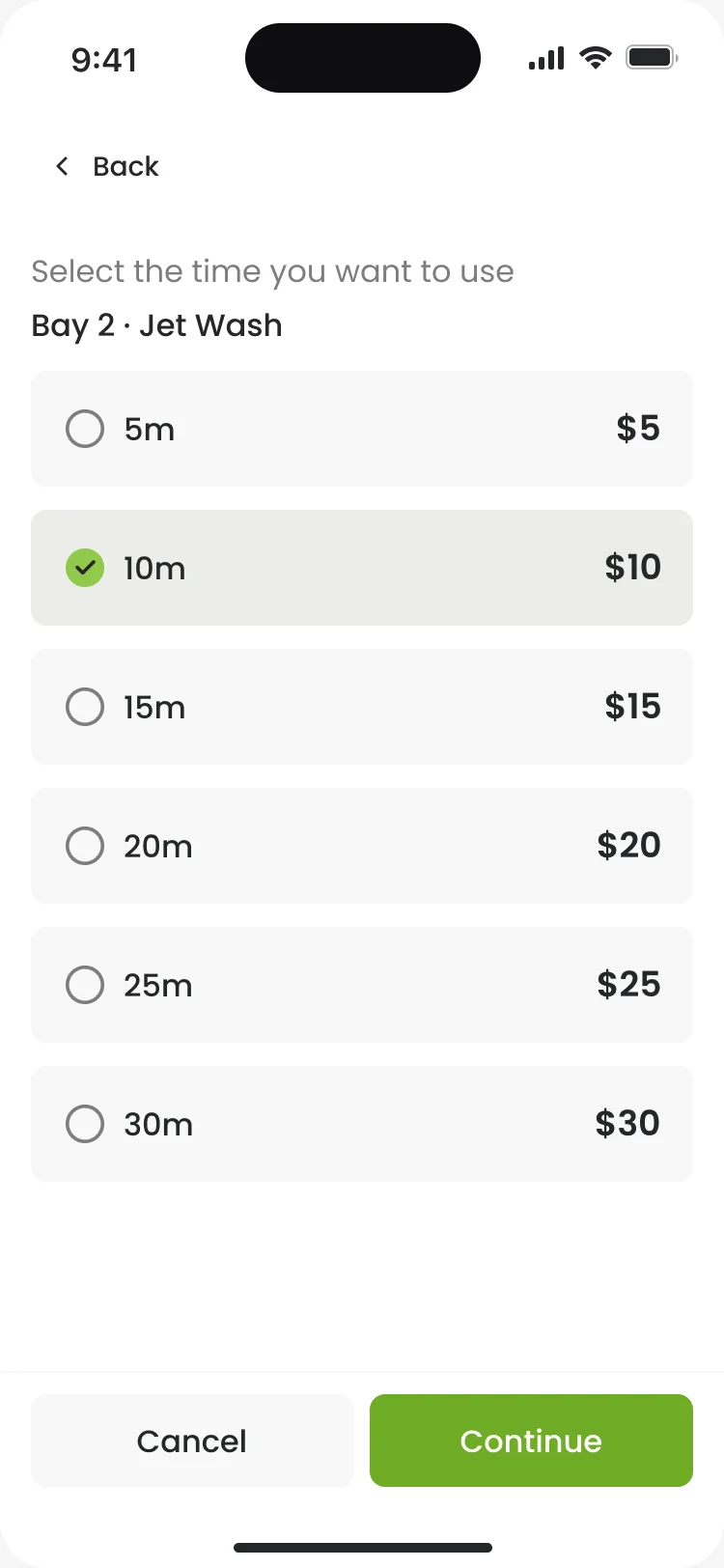 Bay 2 · Jet Wash: time options from 5 to 30 minutes with prices, 10 minutes for $10 selected