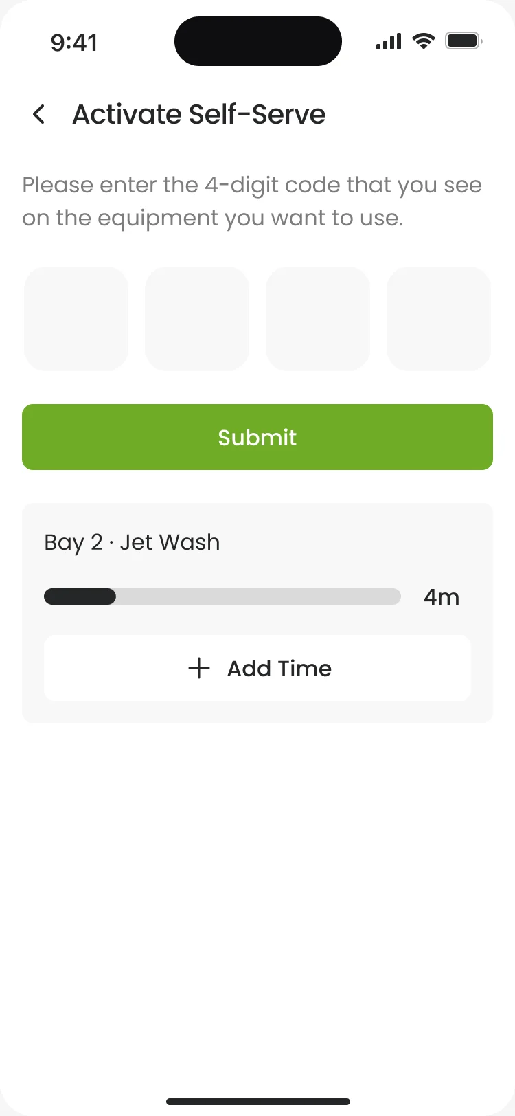 Activate Self-Serve with Bay 2 · Jet Wash running, a progress bar at 4 minutes and Add Time