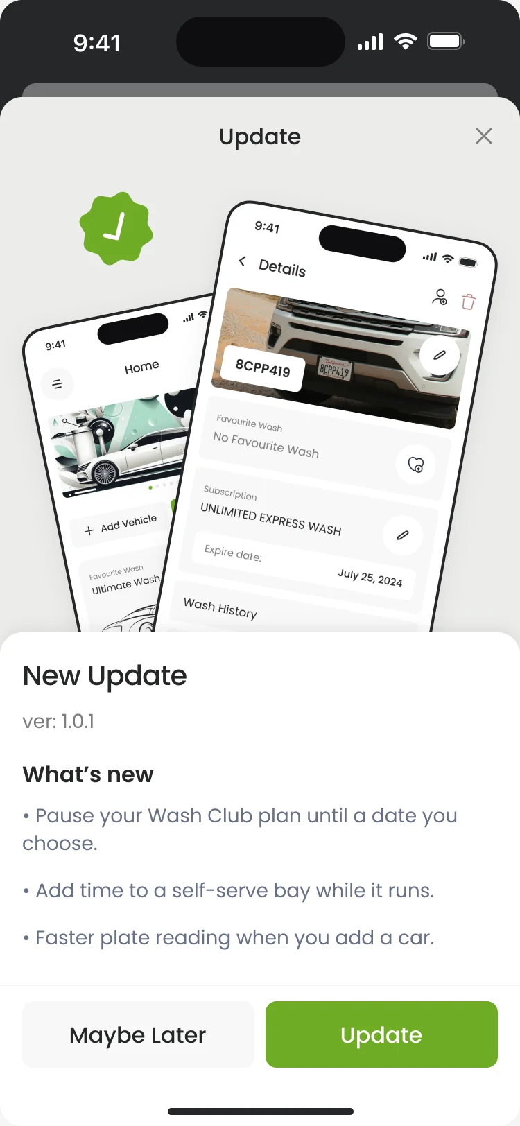 Update sheet: New Update ver 1.0.1 with what’s new, Maybe Later and Update