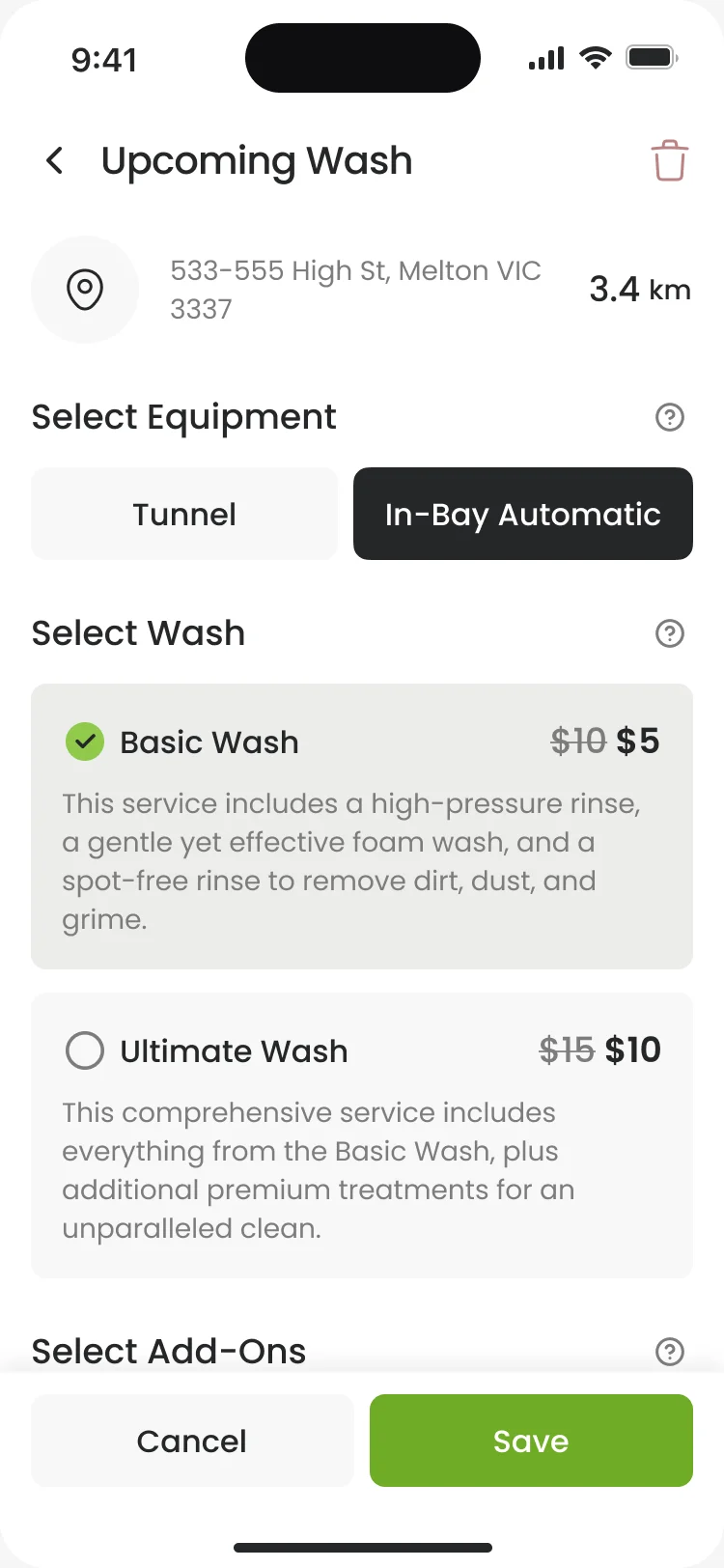 Upcoming Wash: the site, In-Bay Automatic, Basic Wash selected, with Cancel, Save and a delete icon