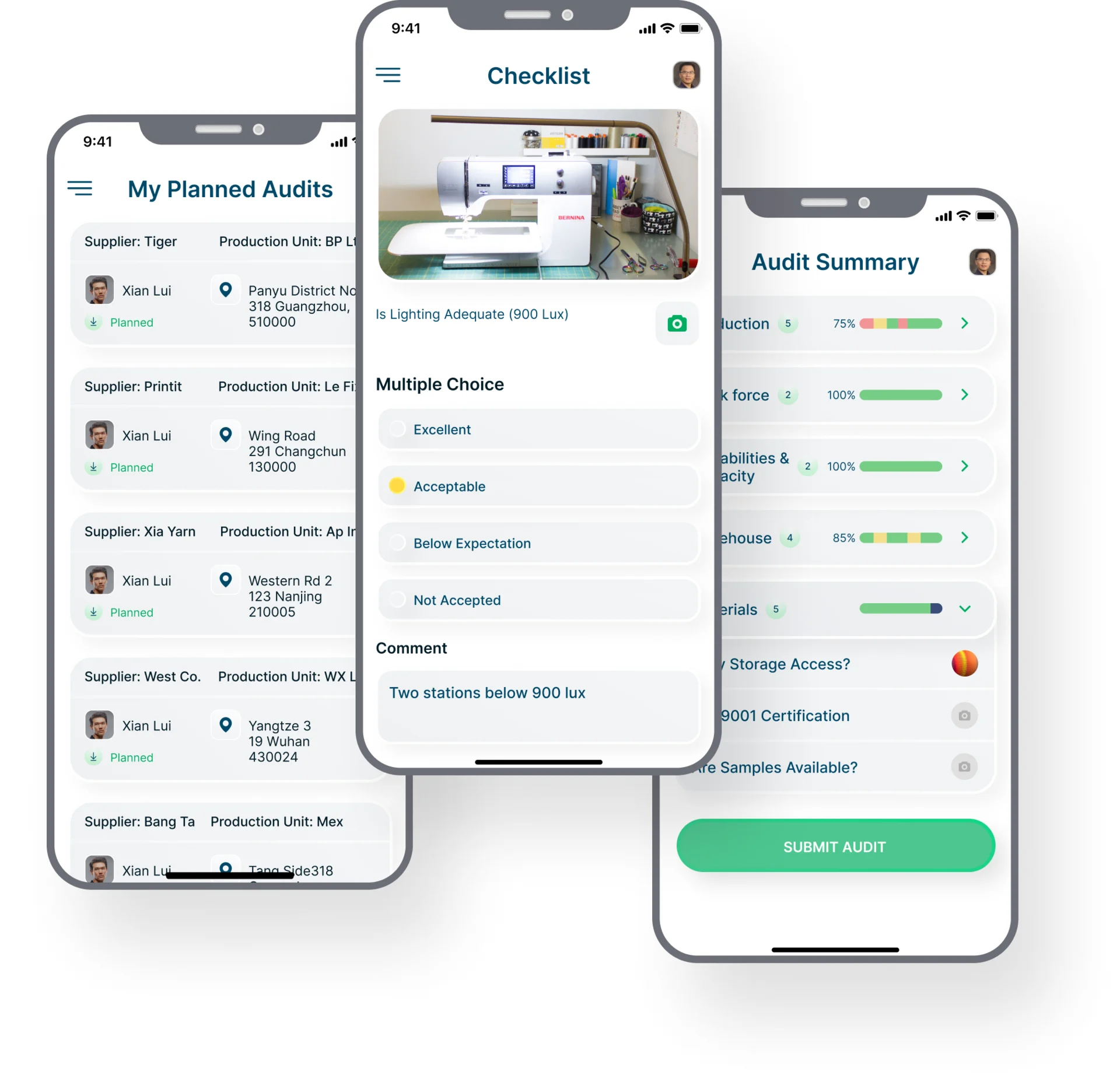 Three phone screens of the Qarma audit flow: My Planned Audits with supplier, production unit and address, a checklist question on lighting with a photo, a rating and a comment, and the Audit Summary with section scores and Submit Audit