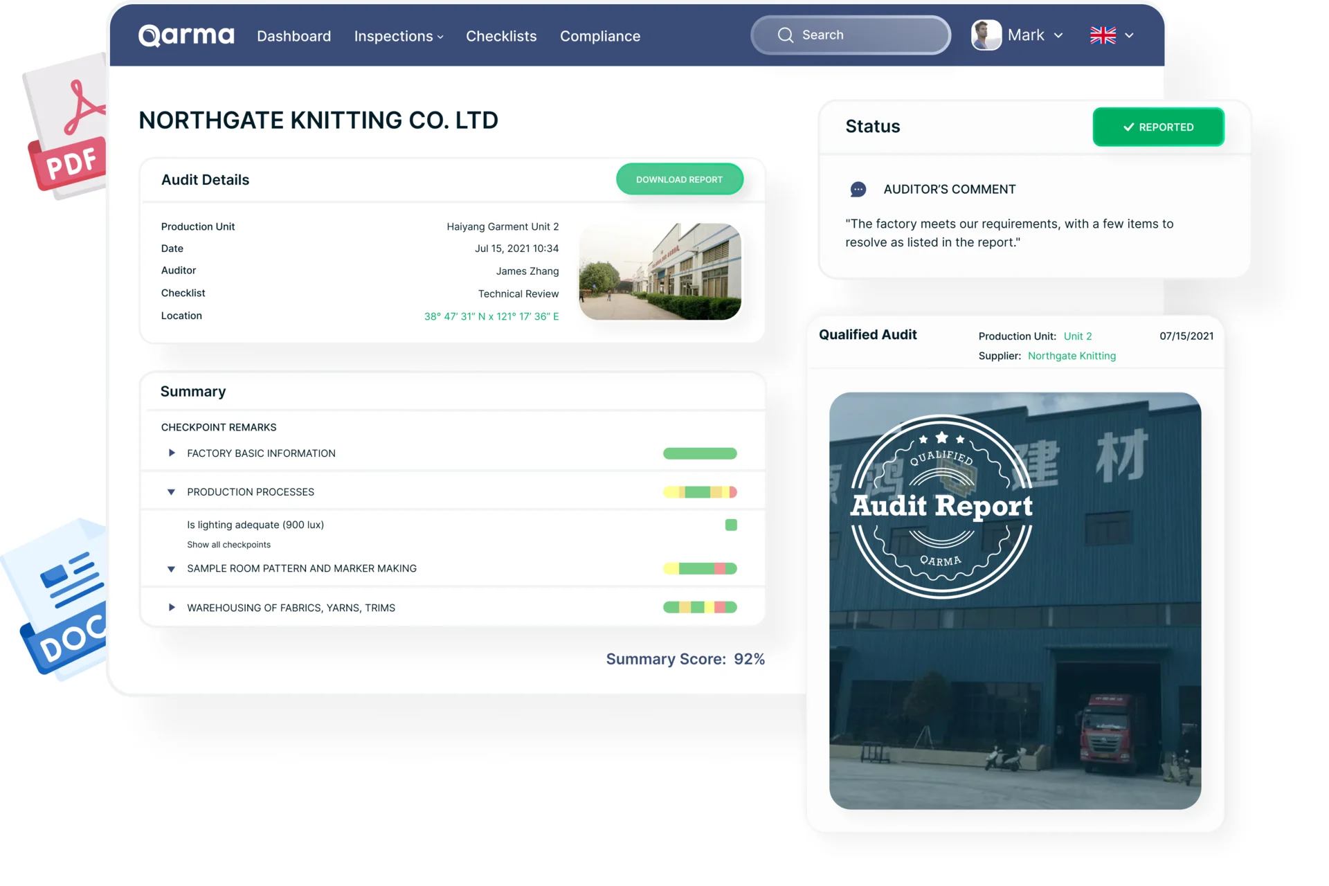 Qarma audit report on the web: audit details with the production unit, date, auditor, checklist and location, checkpoint remarks by section with a summary score, the auditor’s comment with Reported status, and the Qualified Audit report cover