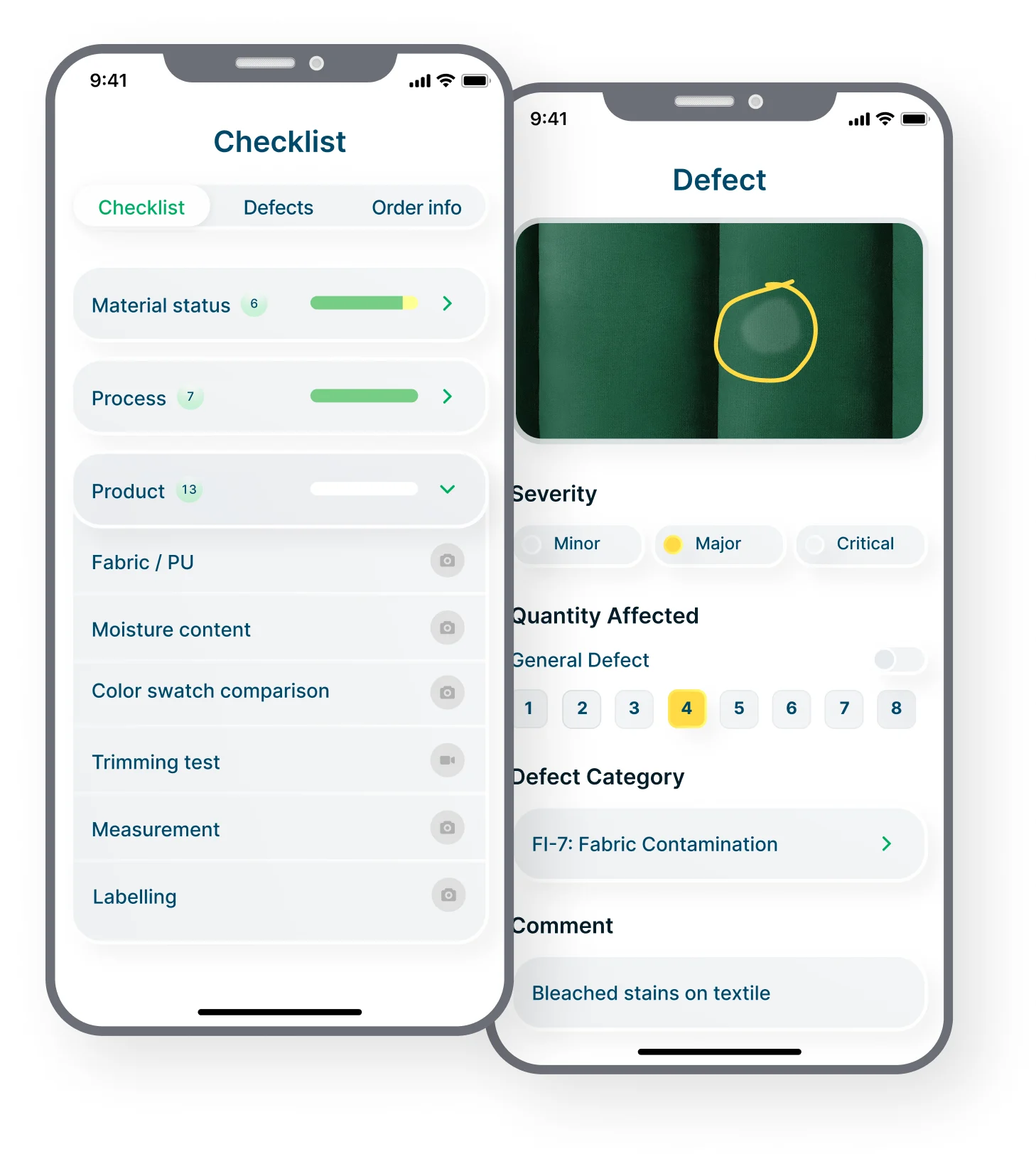Two phone screens of the Qarma inspector app: a checklist with material status, process and product sections and camera buttons per checkpoint, and a defect with a circled photo, major severity, four items affected, the category Fabric Contamination and a comment