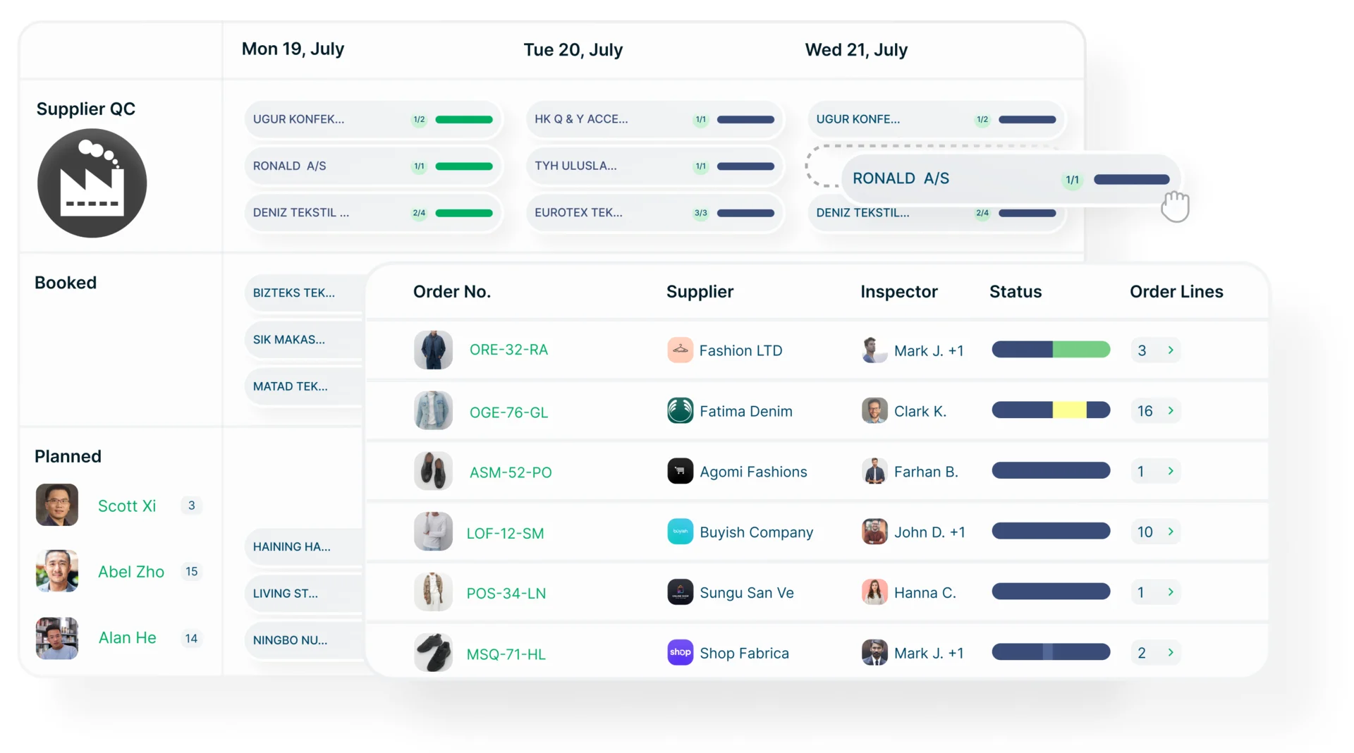 Qarma planning: a week calendar from Mon 19 to Wed 21 July with supplier QC, booked and planned rows and inspectors with their counts, and an orders table with order number, supplier, inspector, a status bar and order lines