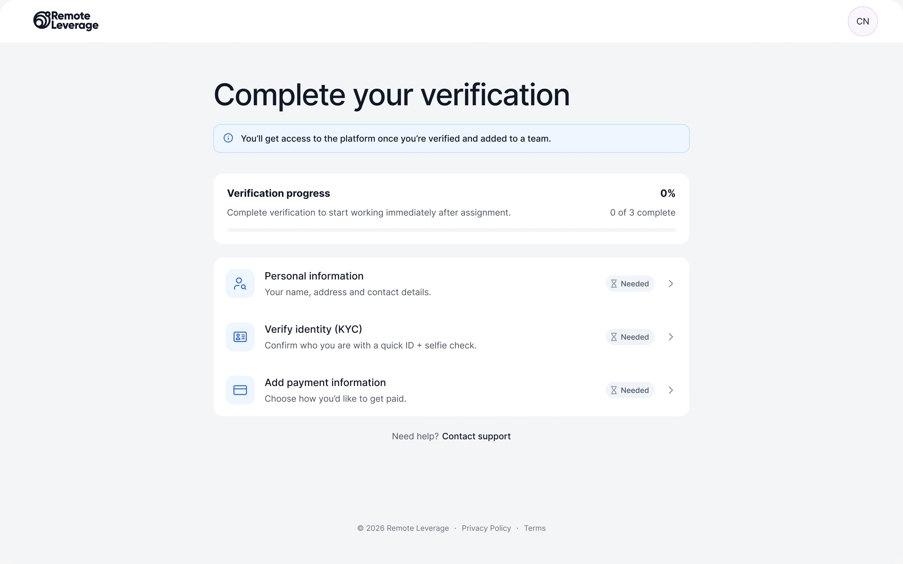 Complete your verification: a progress meter at zero of three, and cards for personal information, identity verification and payment information, each marked as needed