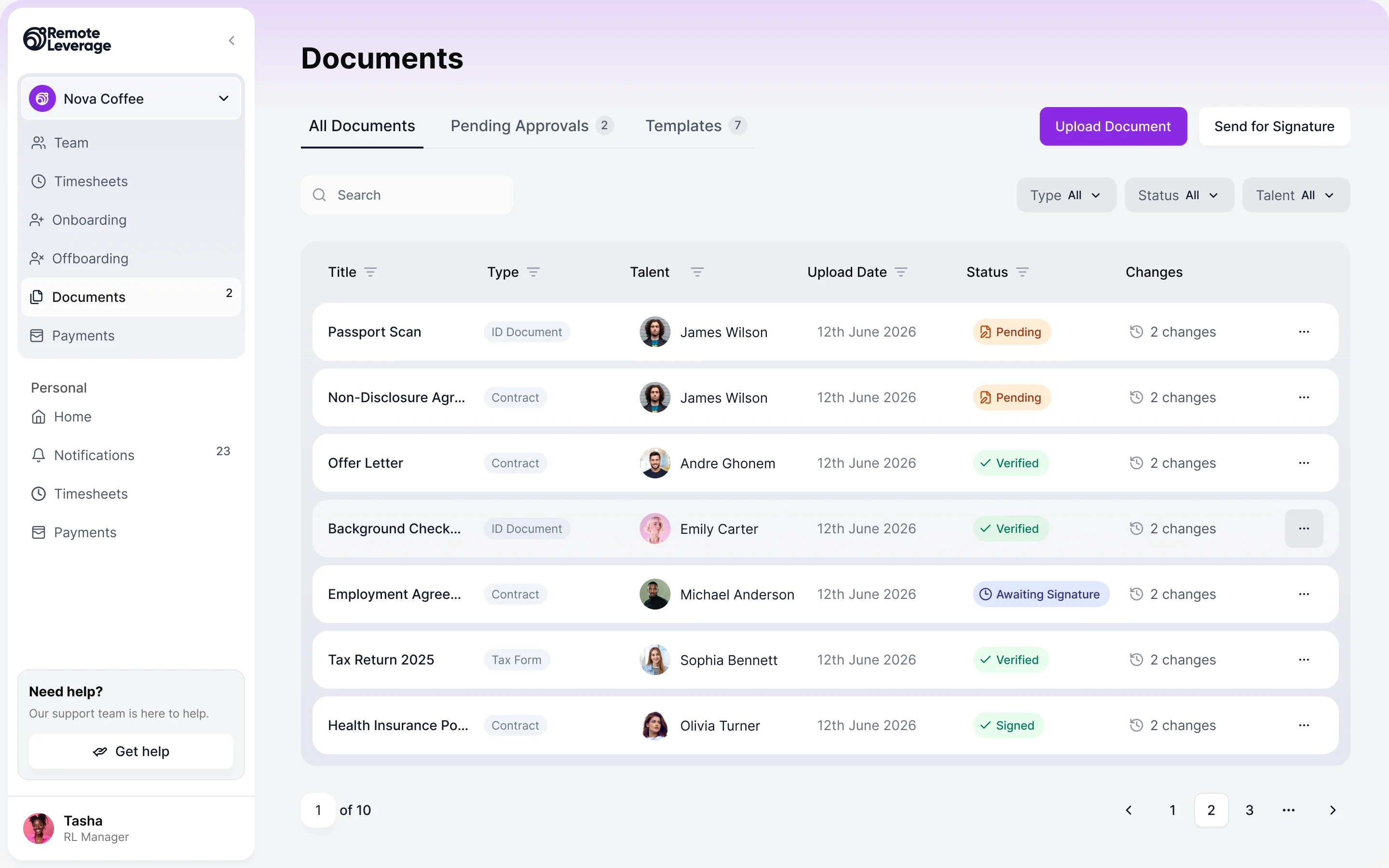 Documents list for a manager: organisation switcher, tabs for all documents, pending approvals and templates, and rows with title, type, talent, upload date, status and changes