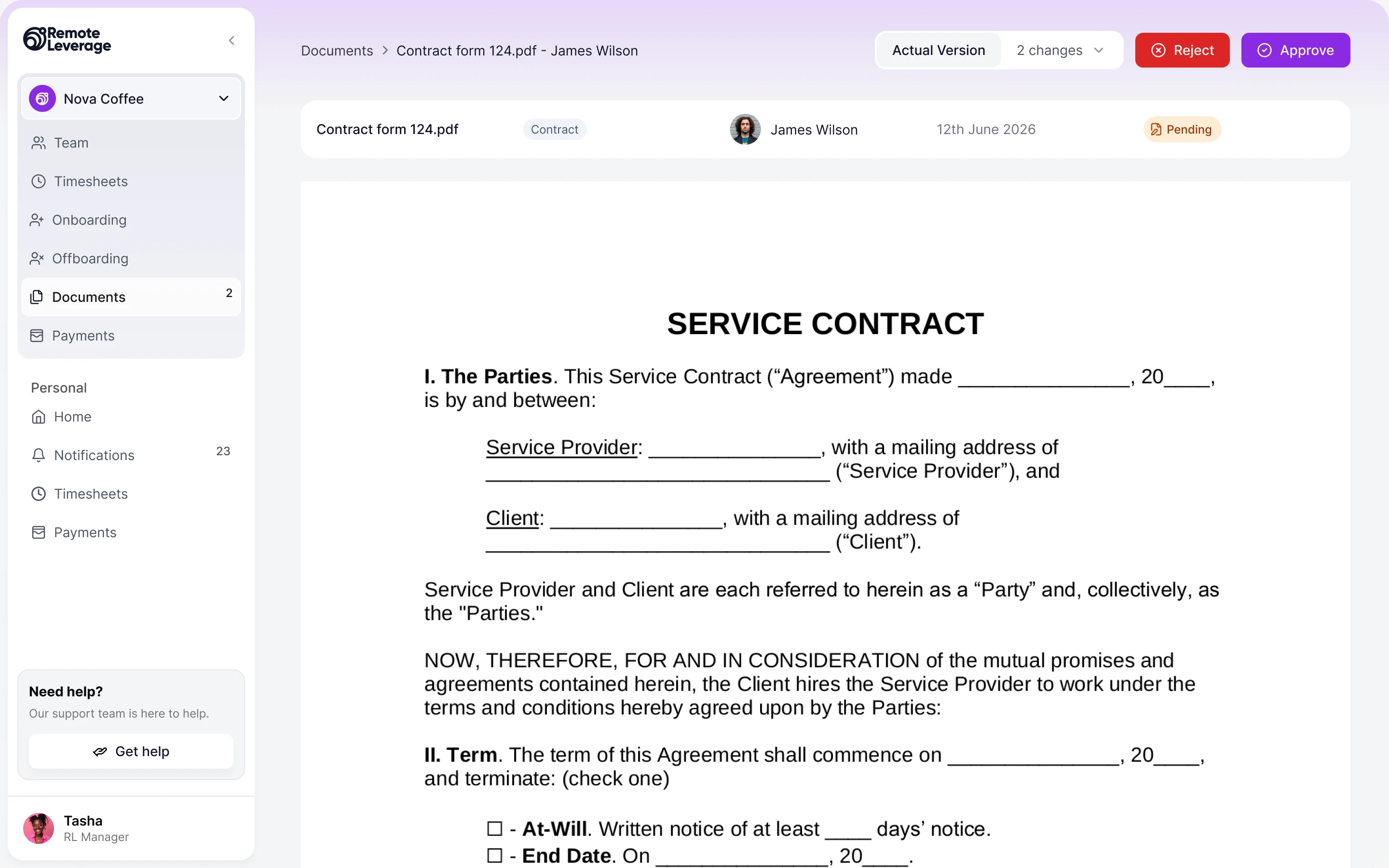Document preview of a service contract with the contract text, the version switcher and red Reject and purple Approve buttons