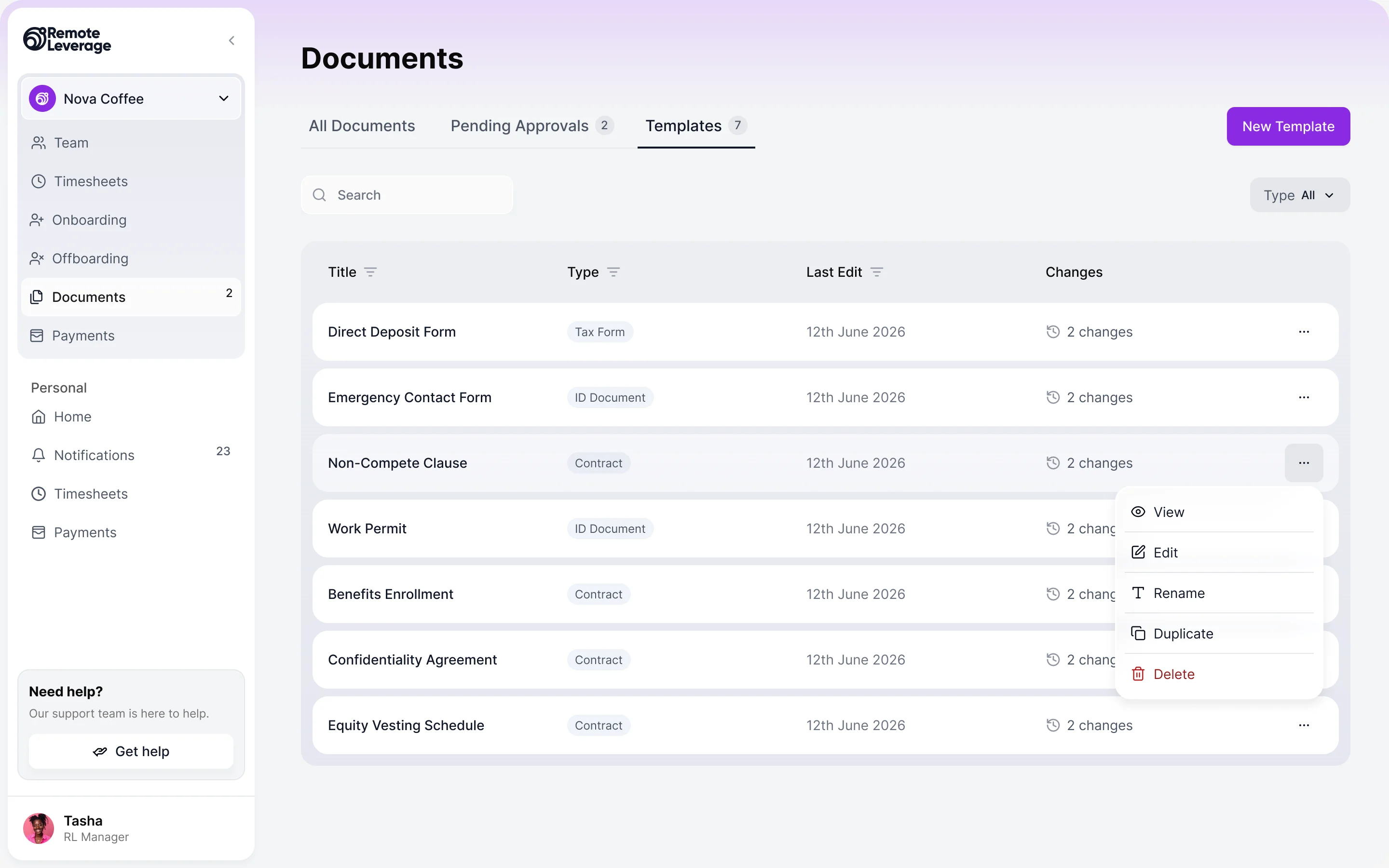 Templates tab: a list of document templates with type and last edit, and a row menu with view, edit, rename, duplicate and delete