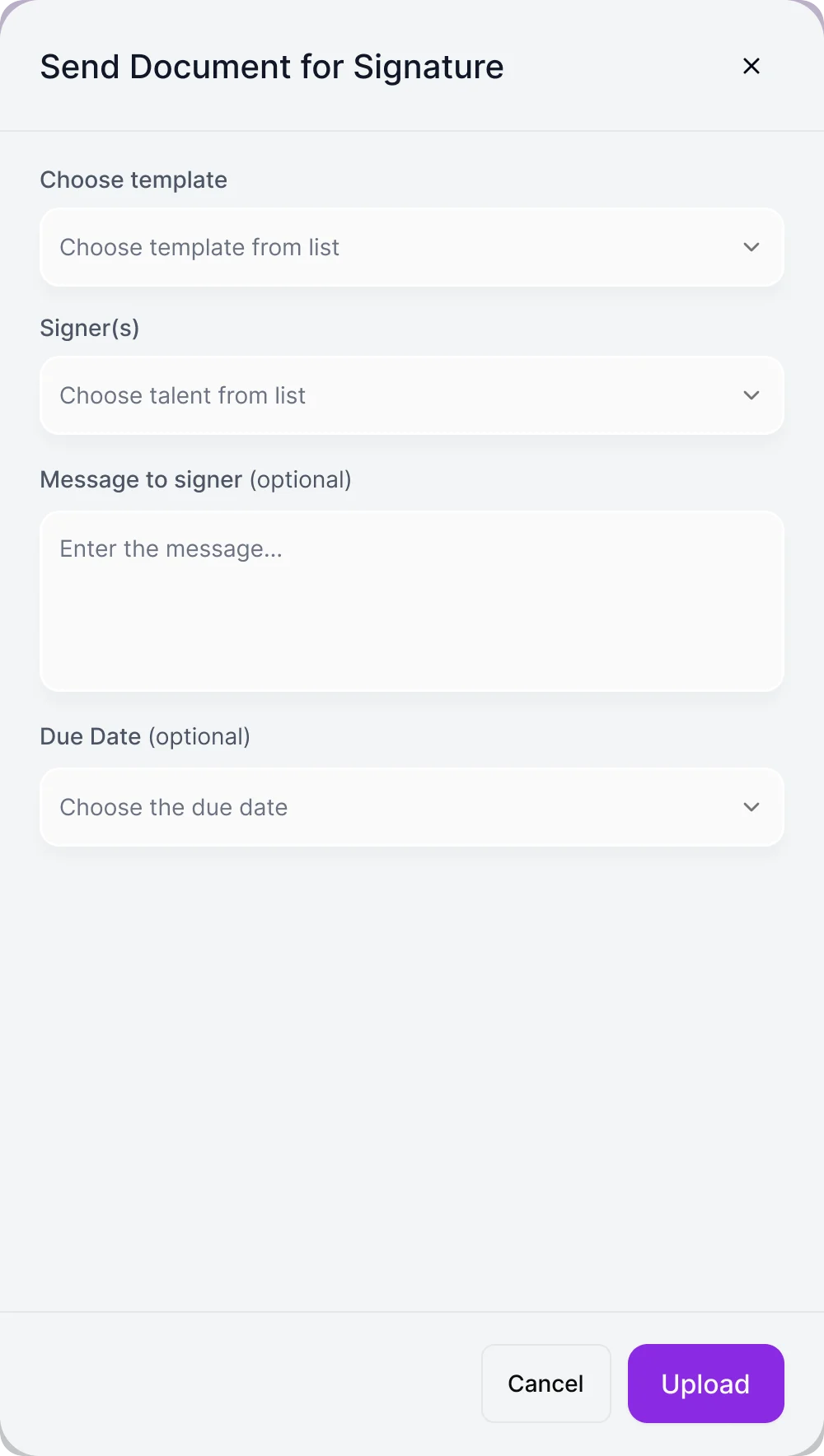 Send Document for Signature panel with template, signer, message and due date fields and Cancel and Upload buttons