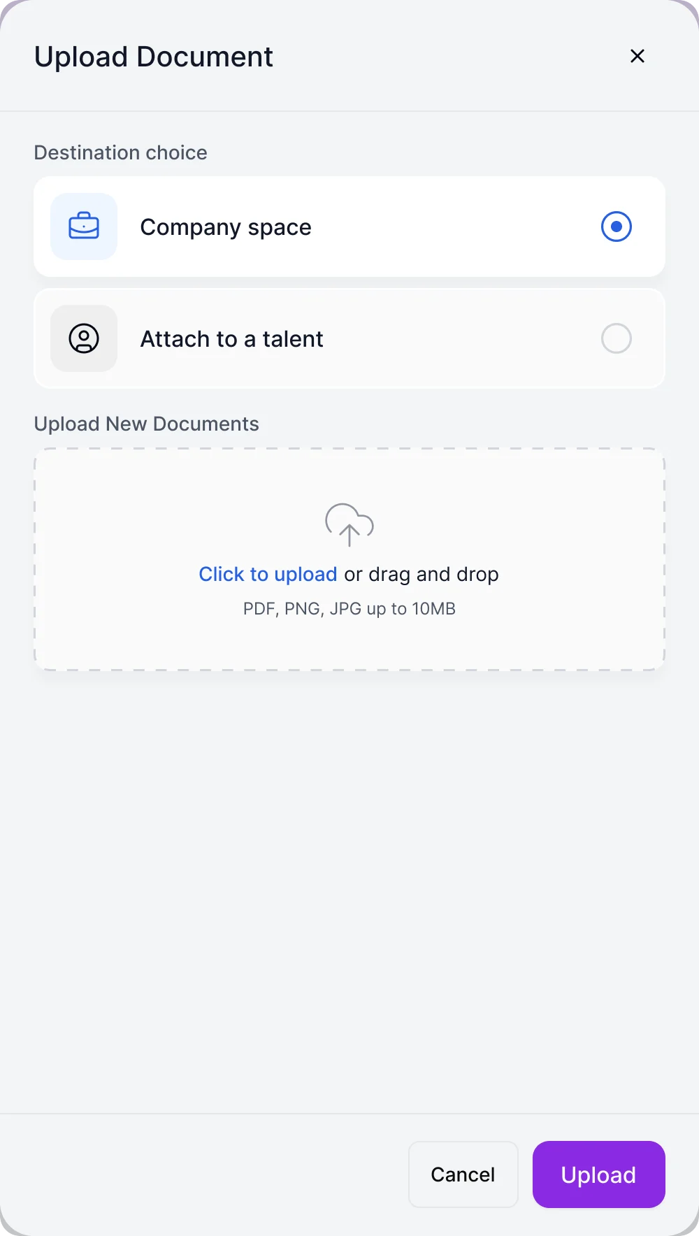 Upload Document panel with a choice of company space or attach to a talent, and a drop zone for PDF, PNG or JPG files