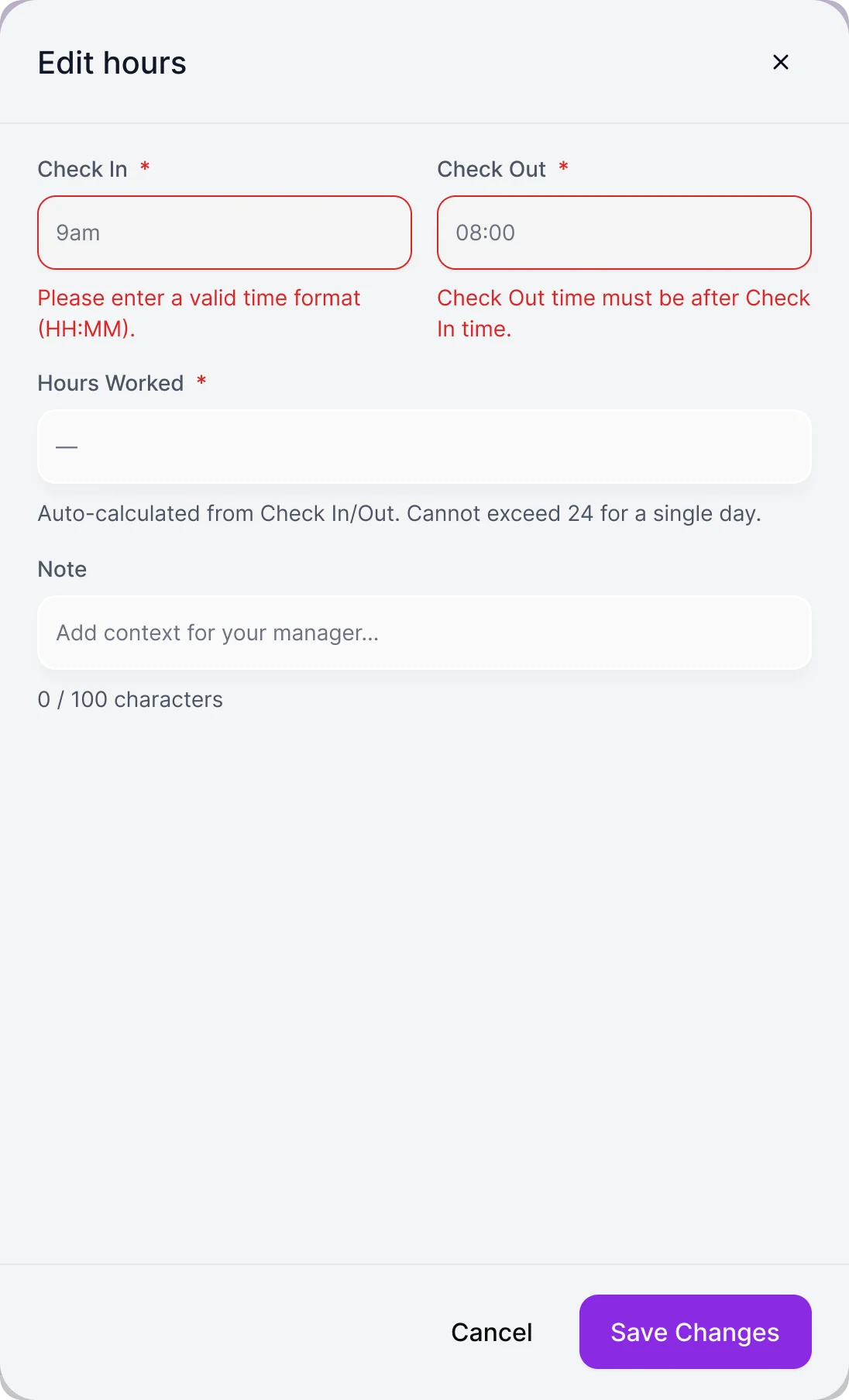 Edit hours dialog with two fields outlined in red: a time that is not in HH:MM format and a check-out time that must be after check-in
