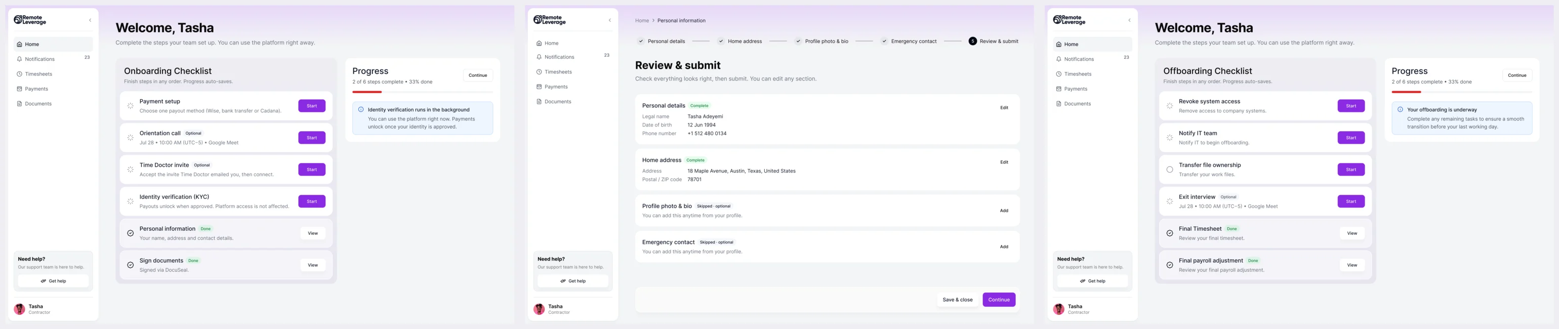 Three screens: the onboarding checklist with progress, Review and submit listing personal details, and the offboarding checklist with progress