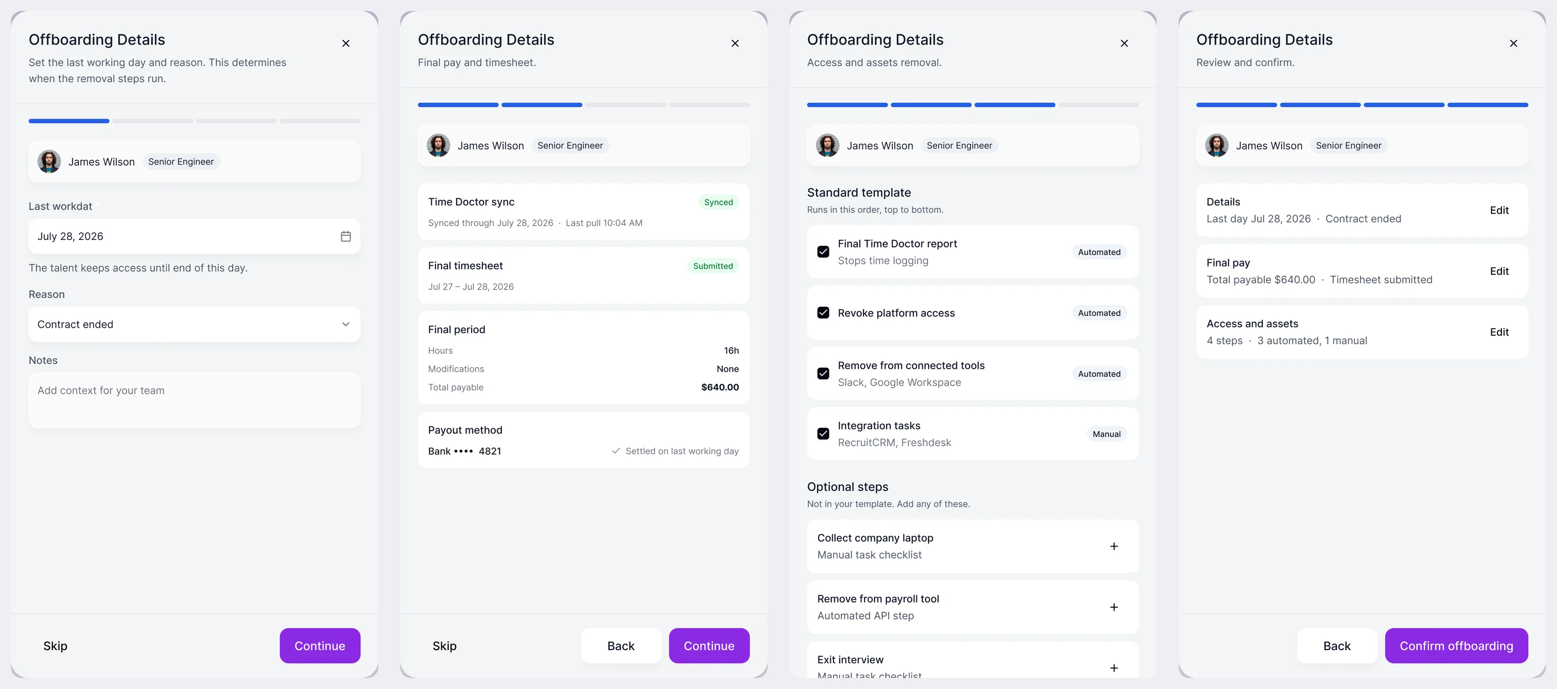 Four offboarding panels: details with last workday and reason, final pay and timesheet, access and assets removal as a list of steps, and review and confirm