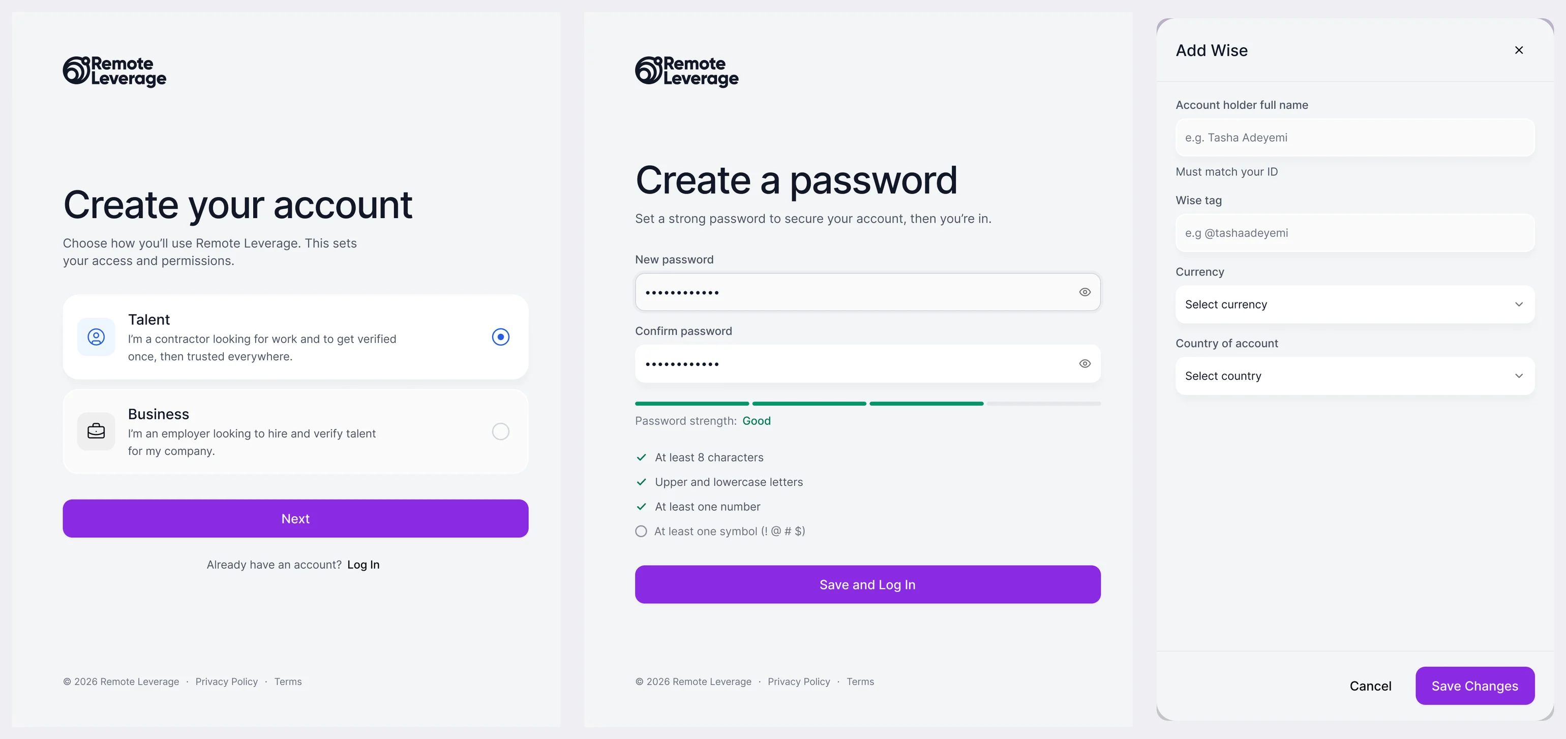 Three sign-up pieces: Create your account with Talent chosen, Create a password with a strength meter, and an Add Wise dialog asking for account holder, Wise tag, currency and country