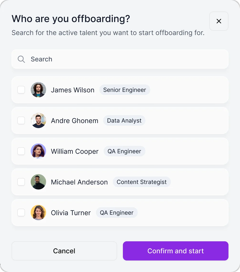 Who are you offboarding dialog with a search field, a list of active talent with roles, and Cancel and Confirm and start buttons