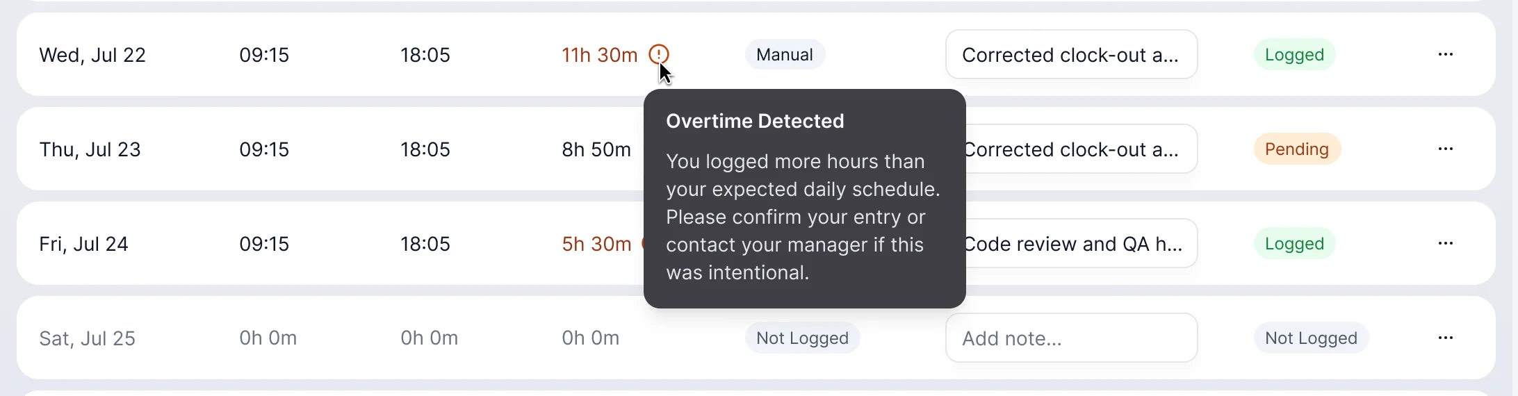 Timesheet rows with a tooltip on the overtime flag: Overtime Detected, you logged more hours than your expected daily schedule, confirm your entry or contact your manager