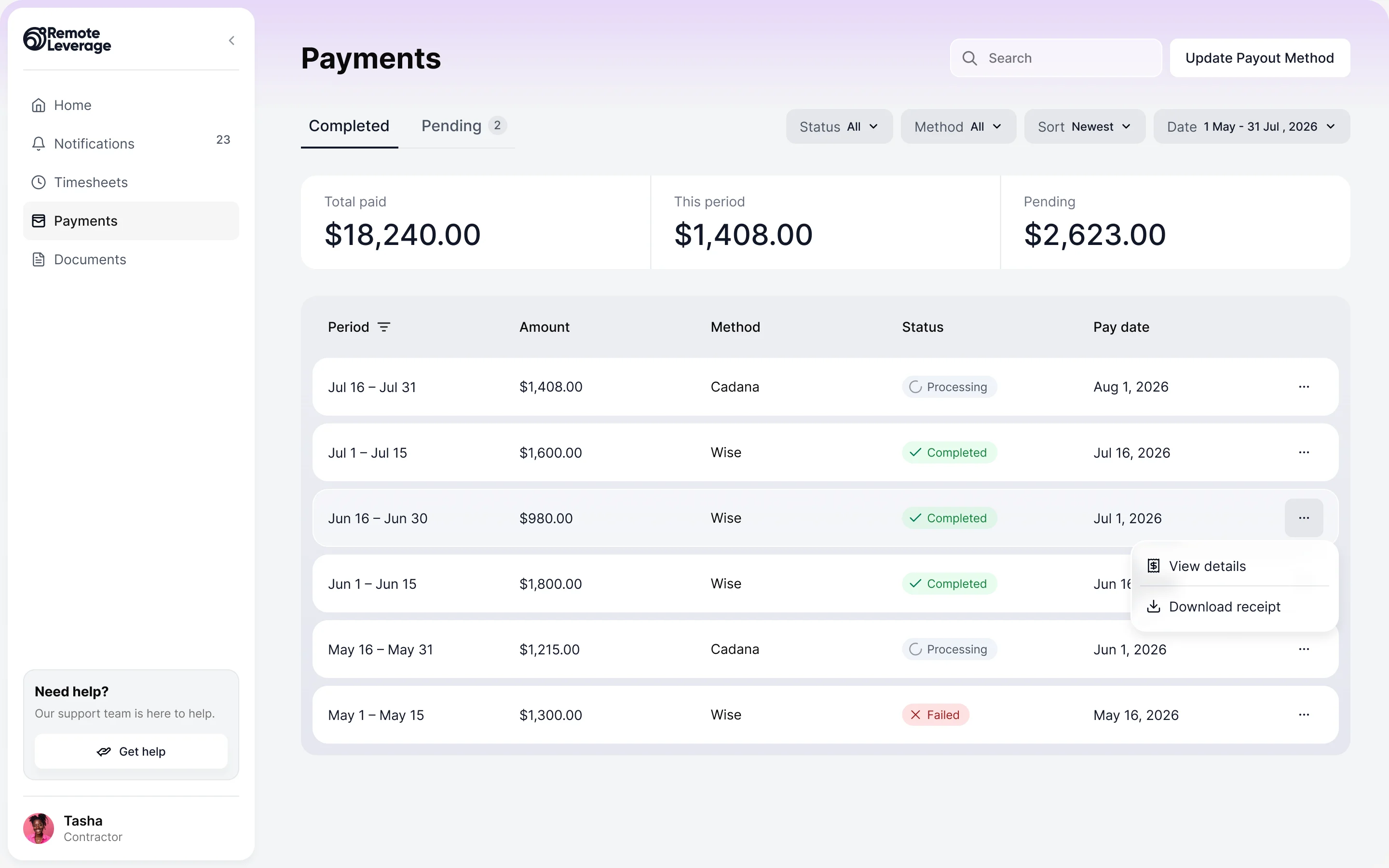 Payments: totals for paid, this period and pending, and a table of pay periods with amount, payout method, a status of processing, completed or failed, and pay date, with a row menu