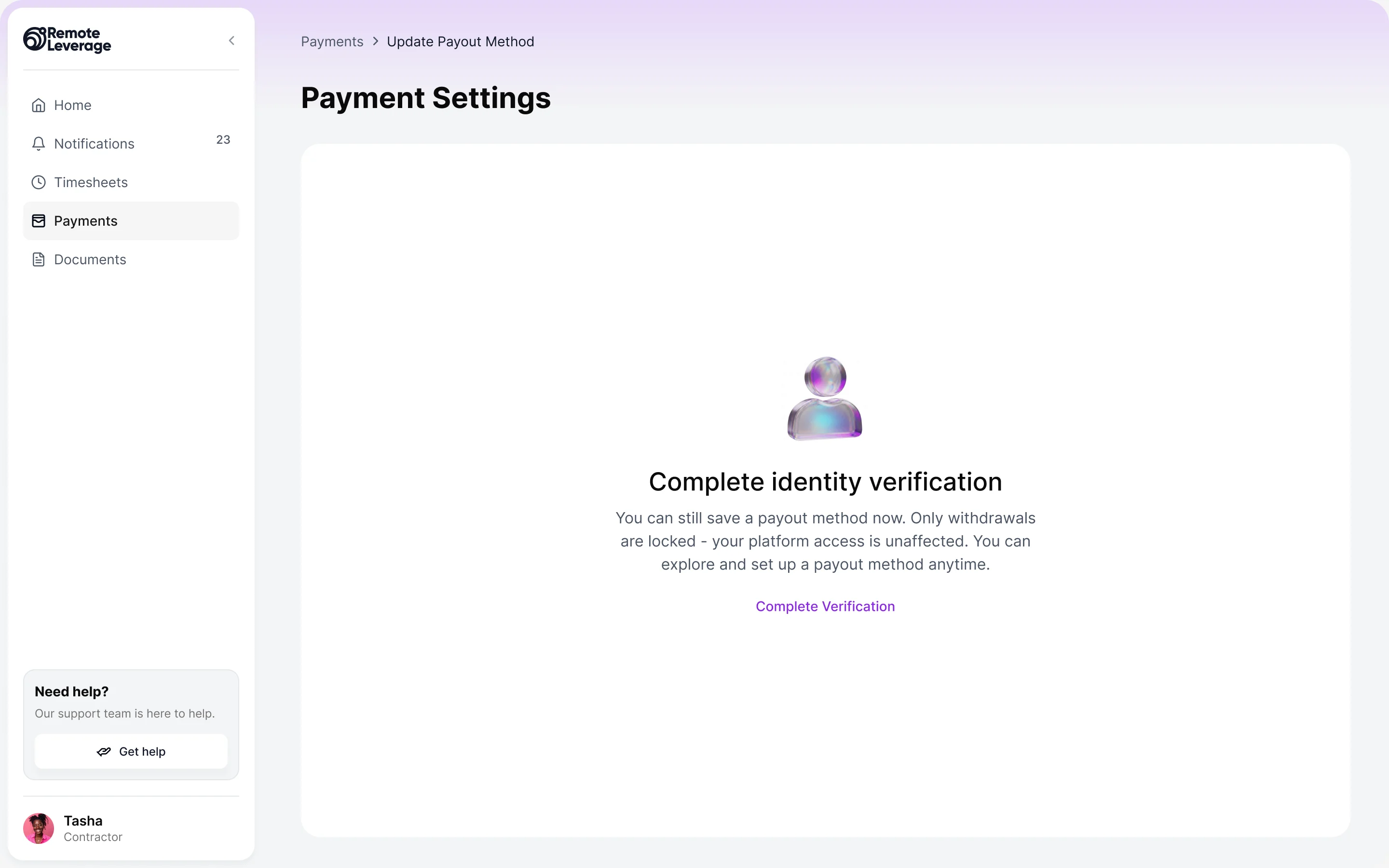 Payment Settings with a banner asking to verify identity to withdraw, and a centred message: complete identity verification, only withdrawals are locked and platform access is unaffected