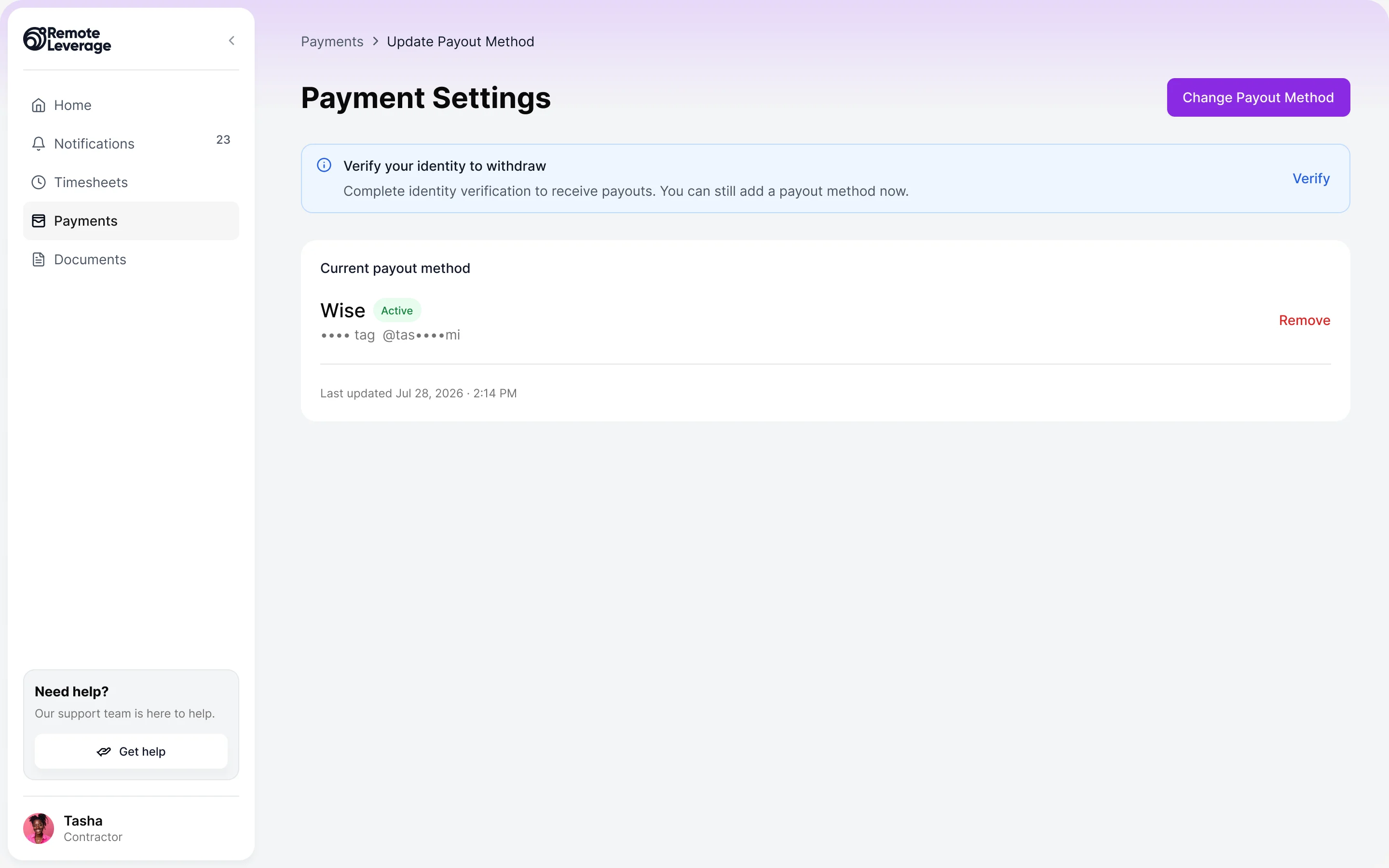Payment Settings with the identity banner and a current payout method card for Wise, marked active, with a Remove link and the last updated time