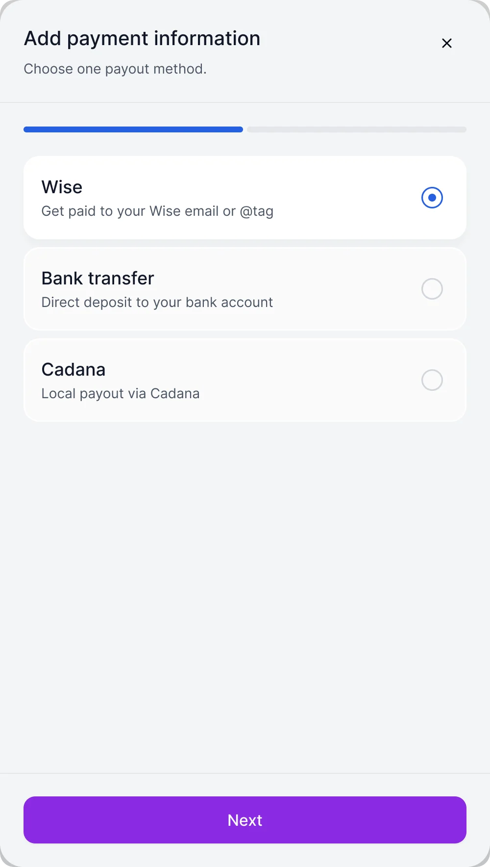 Add payment information dialog with a step bar and three payout methods: Wise chosen, bank transfer and Cadana, and a Next button