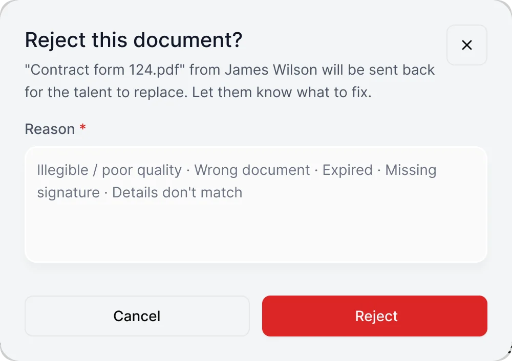 Reject this document dialog with a required reason field offering illegible, wrong document, expired, missing signature and details do not match, and a red Reject button