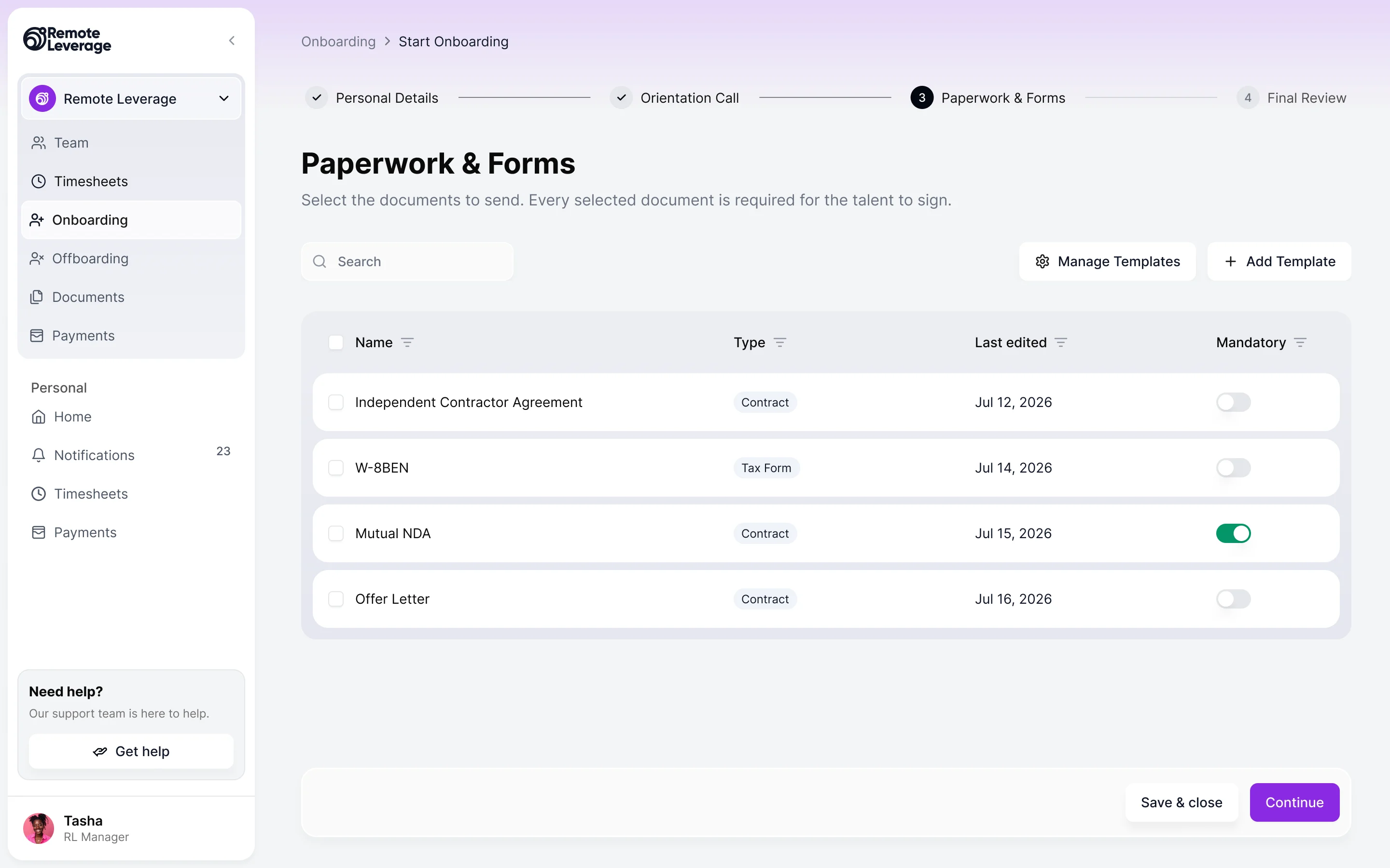 Paperwork and forms step: a list of document templates with type, last edited date and a mandatory toggle, and Save and close and Continue buttons