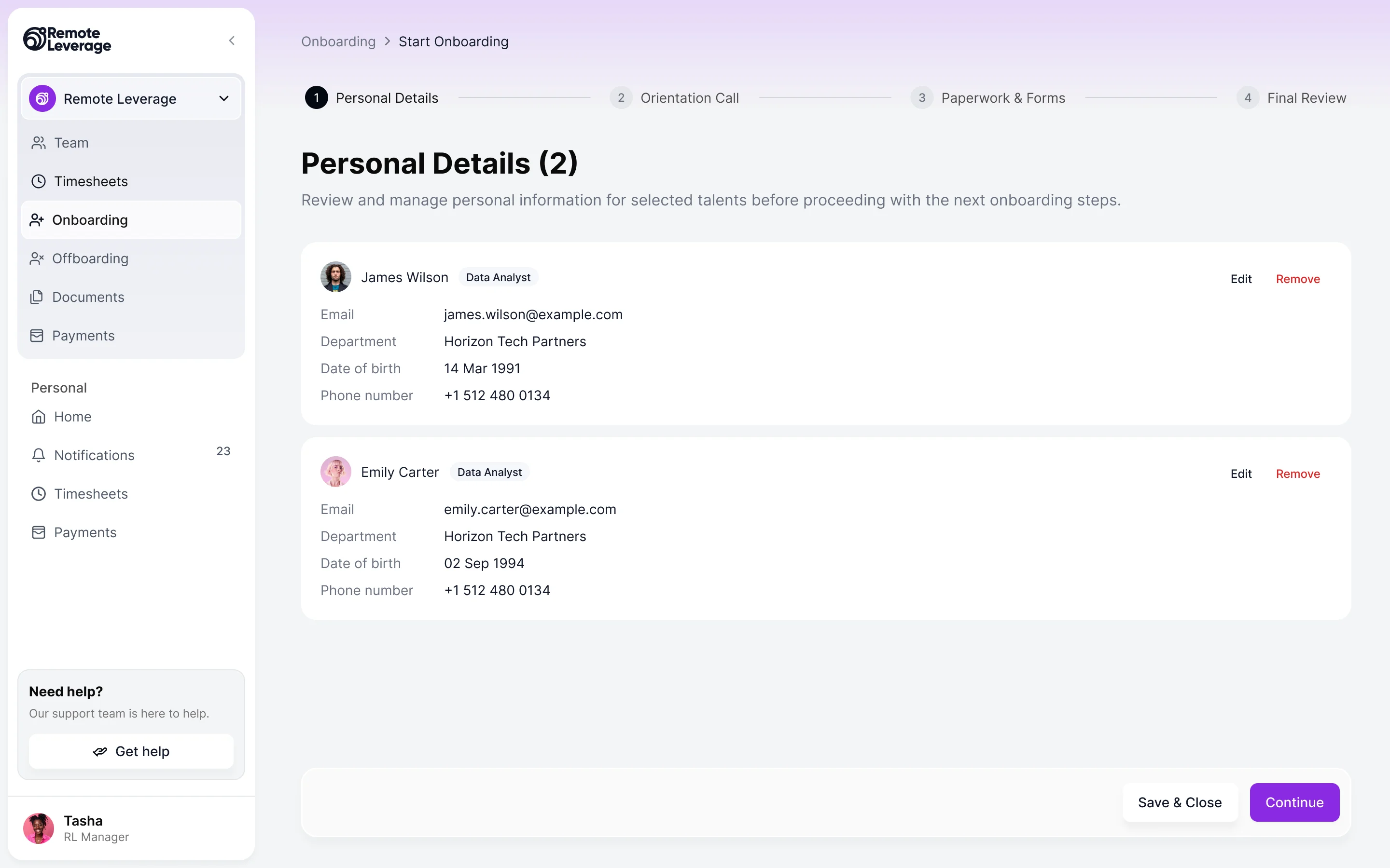 Start onboarding, step one of four: personal details for two selected talents, each with email, department, date of birth and phone number, and Edit and Remove links