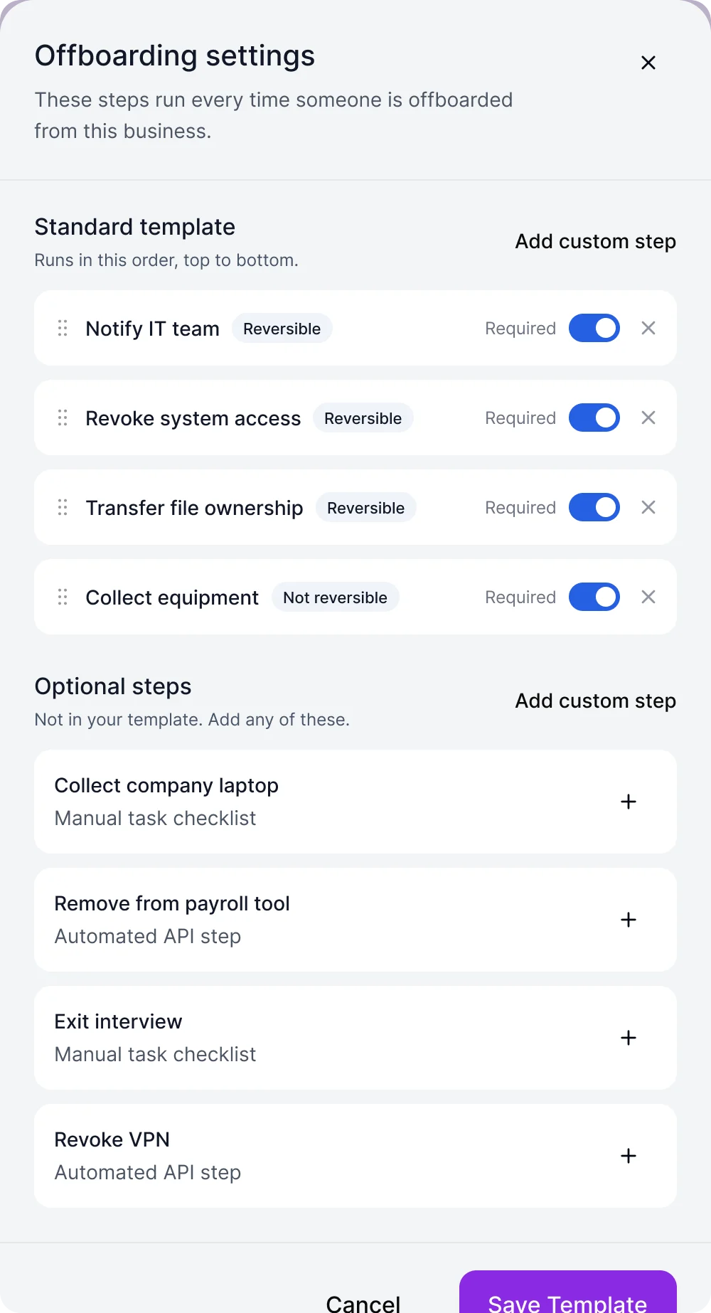 Offboarding settings panel: a standard template of steps with reversible tags and required toggles, and a list of optional steps to add