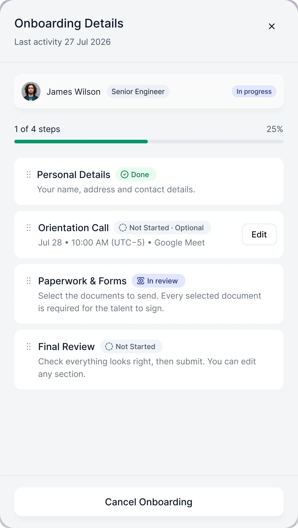 Onboarding Details panel for one talent with a progress bar and four steps: personal details done, orientation call not started and optional, paperwork and forms in review, final review not started