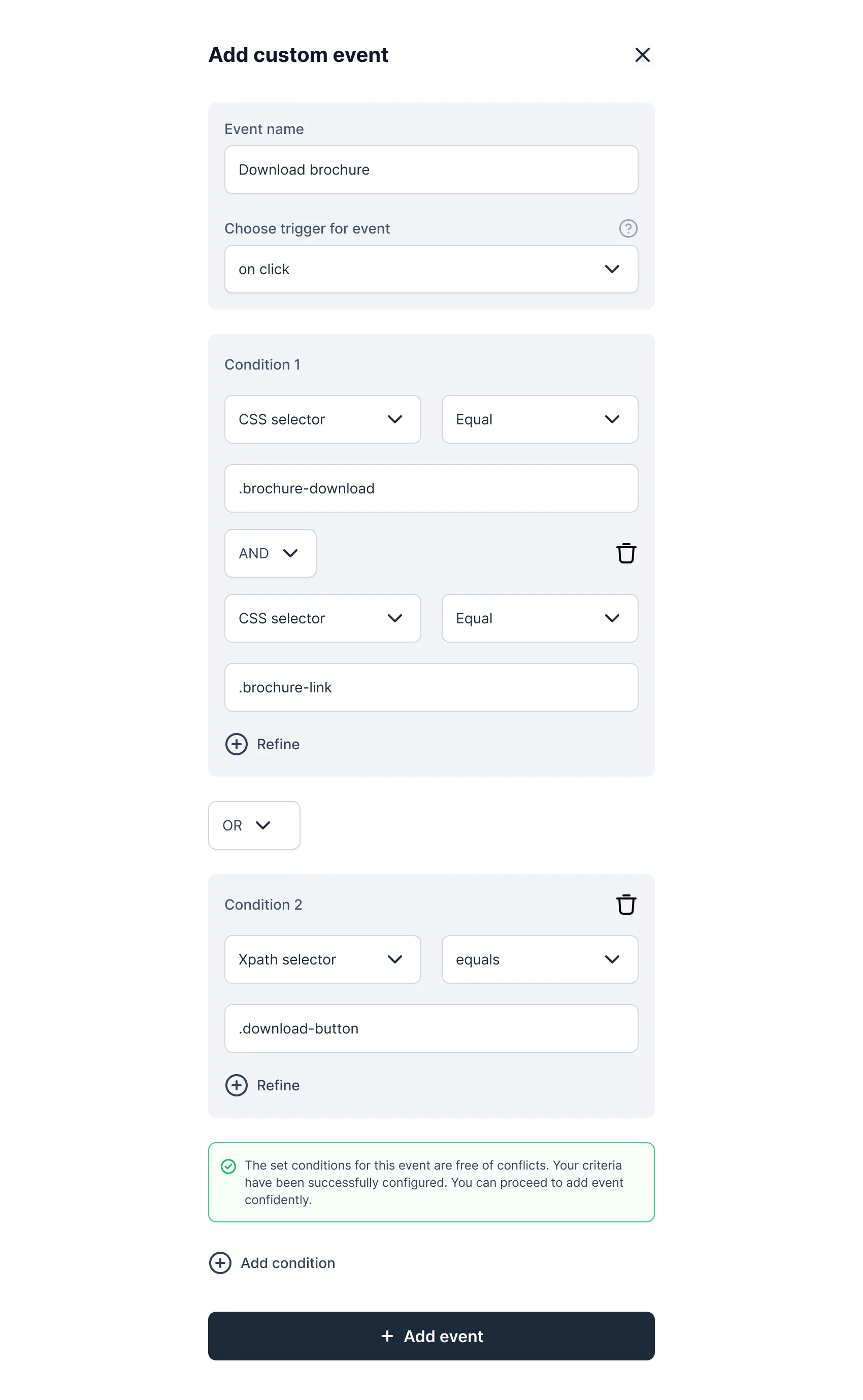 Add custom event: trigger, selector and conditions, free of conflicts