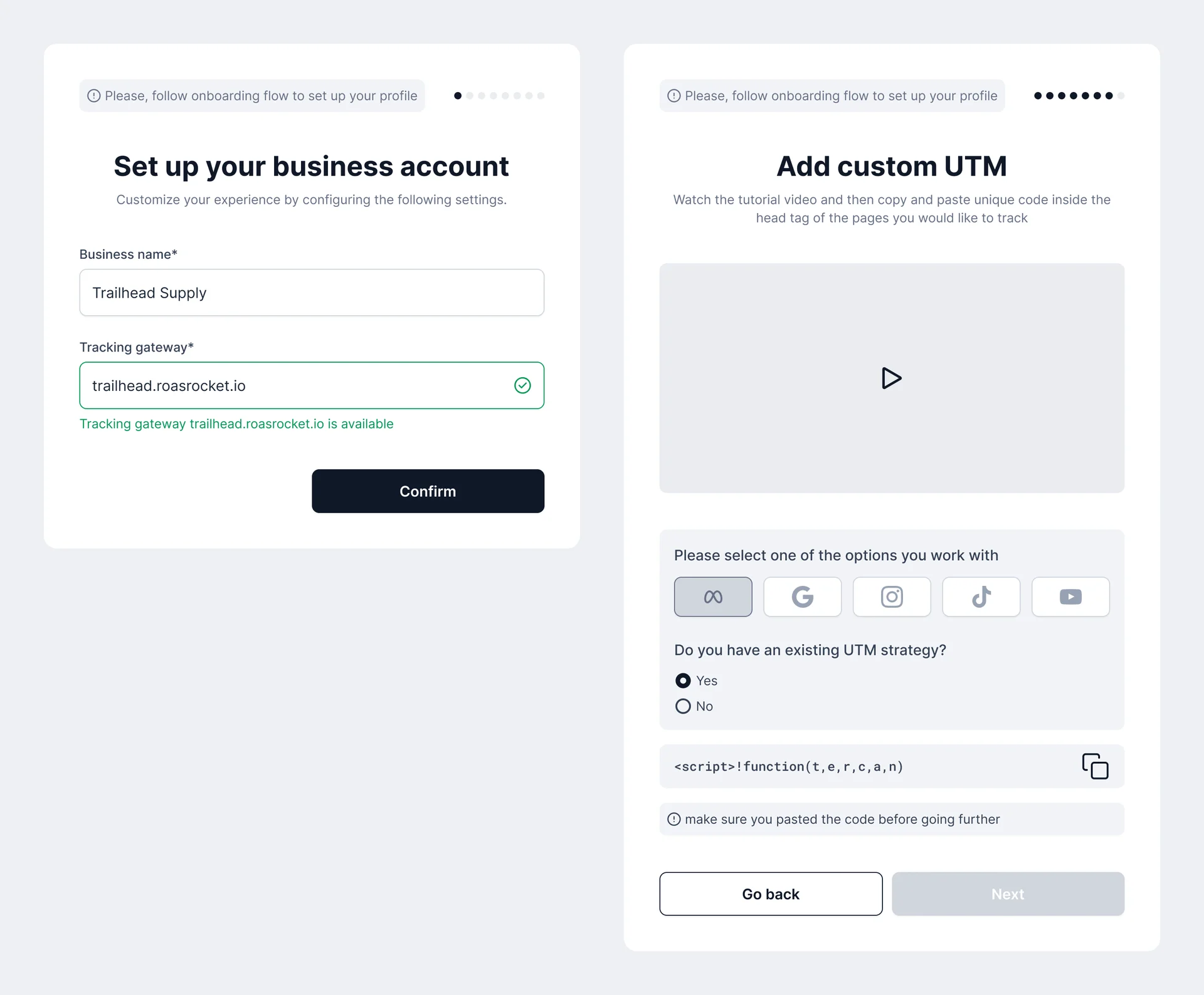 Two onboarding steps: set up your business account with a tracking gateway confirmed as available, and add custom UTM with a tutorial video, the platforms used, the UTM question and the script to copy