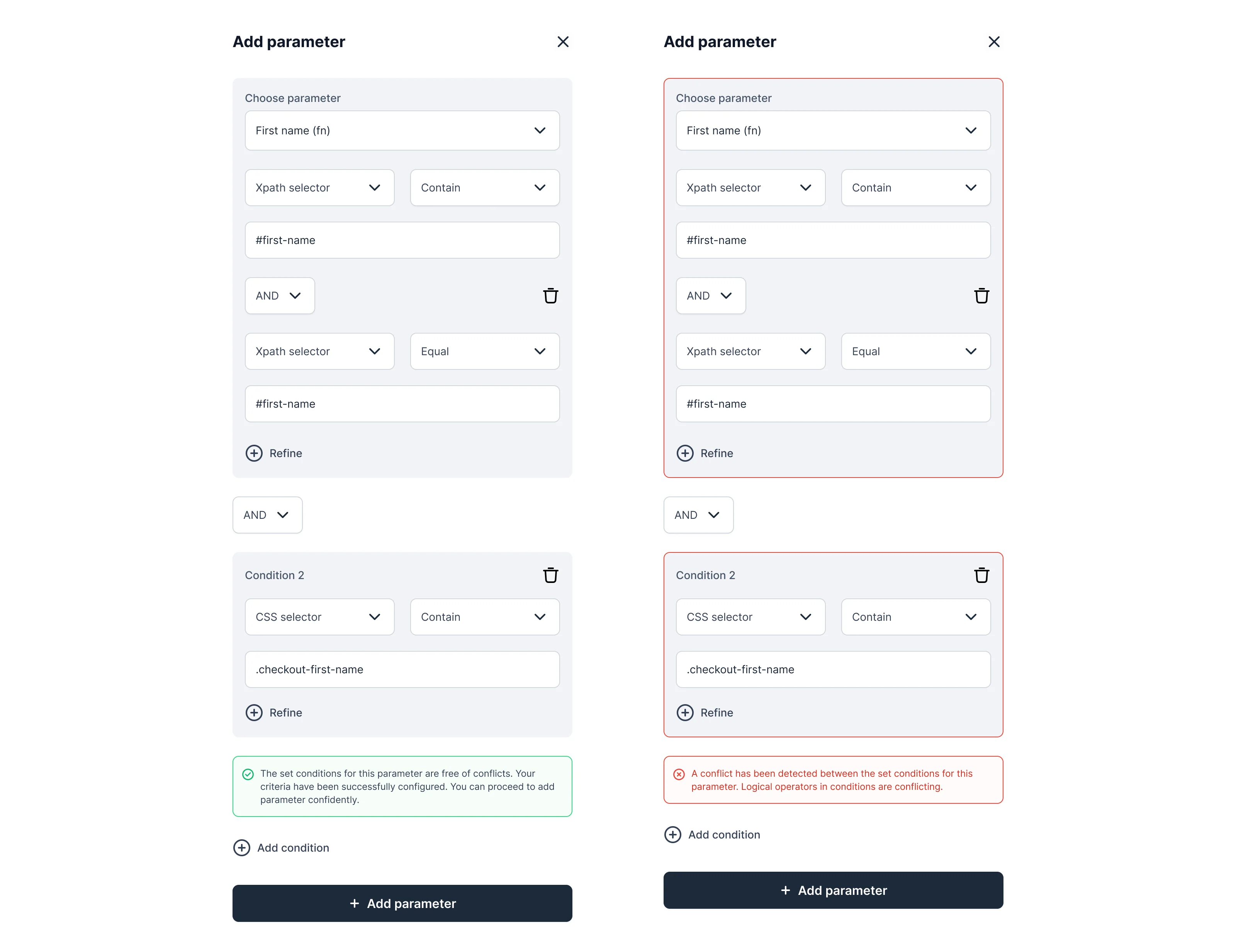Add parameter in two states: two conditions on a first-name field marked free of conflicts, and the same conditions outlined in red with a conflict message