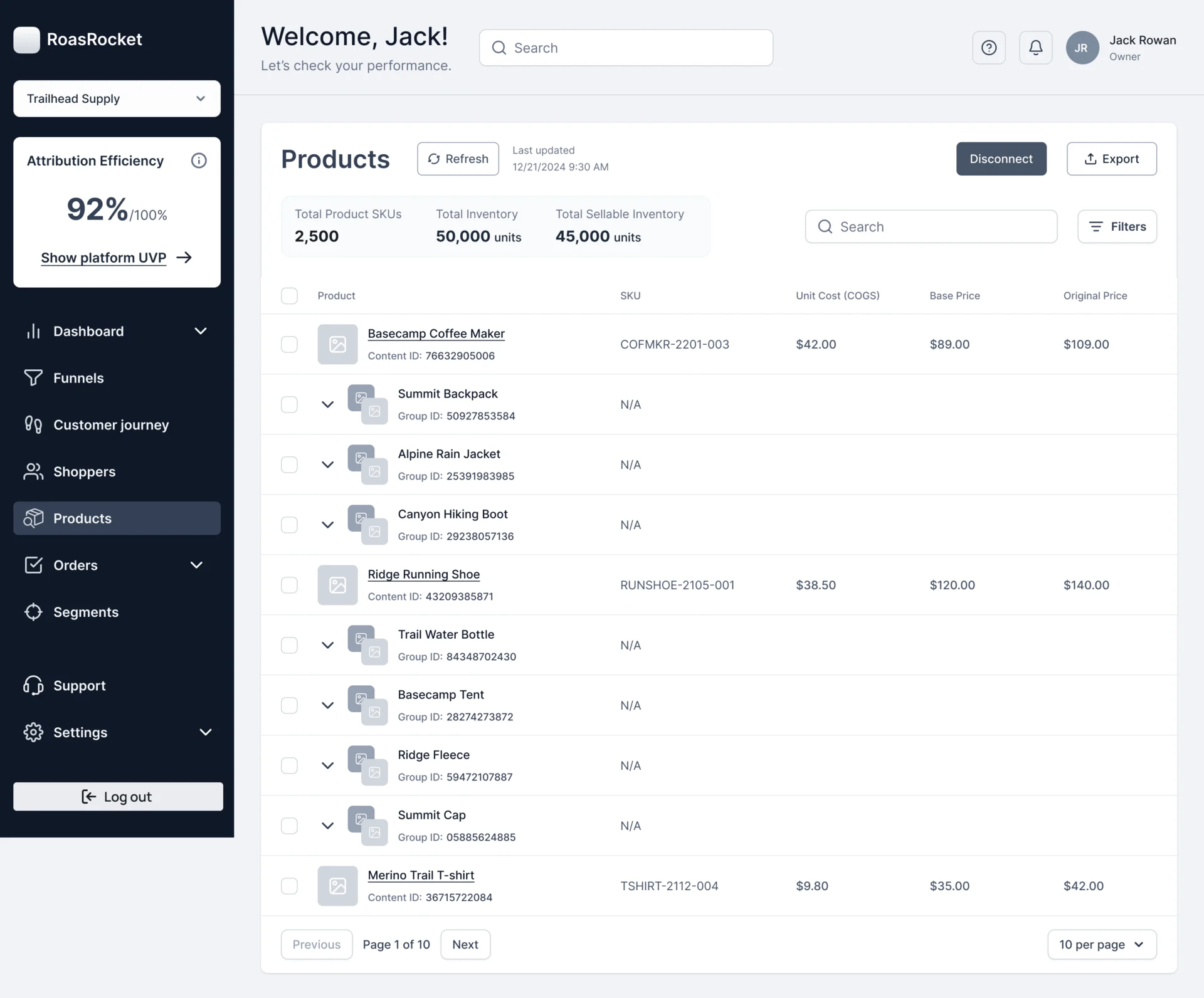 Products: total SKUs, inventory and sellable inventory, then products and product groups with content or group IDs, SKU, unit cost, base price and original price