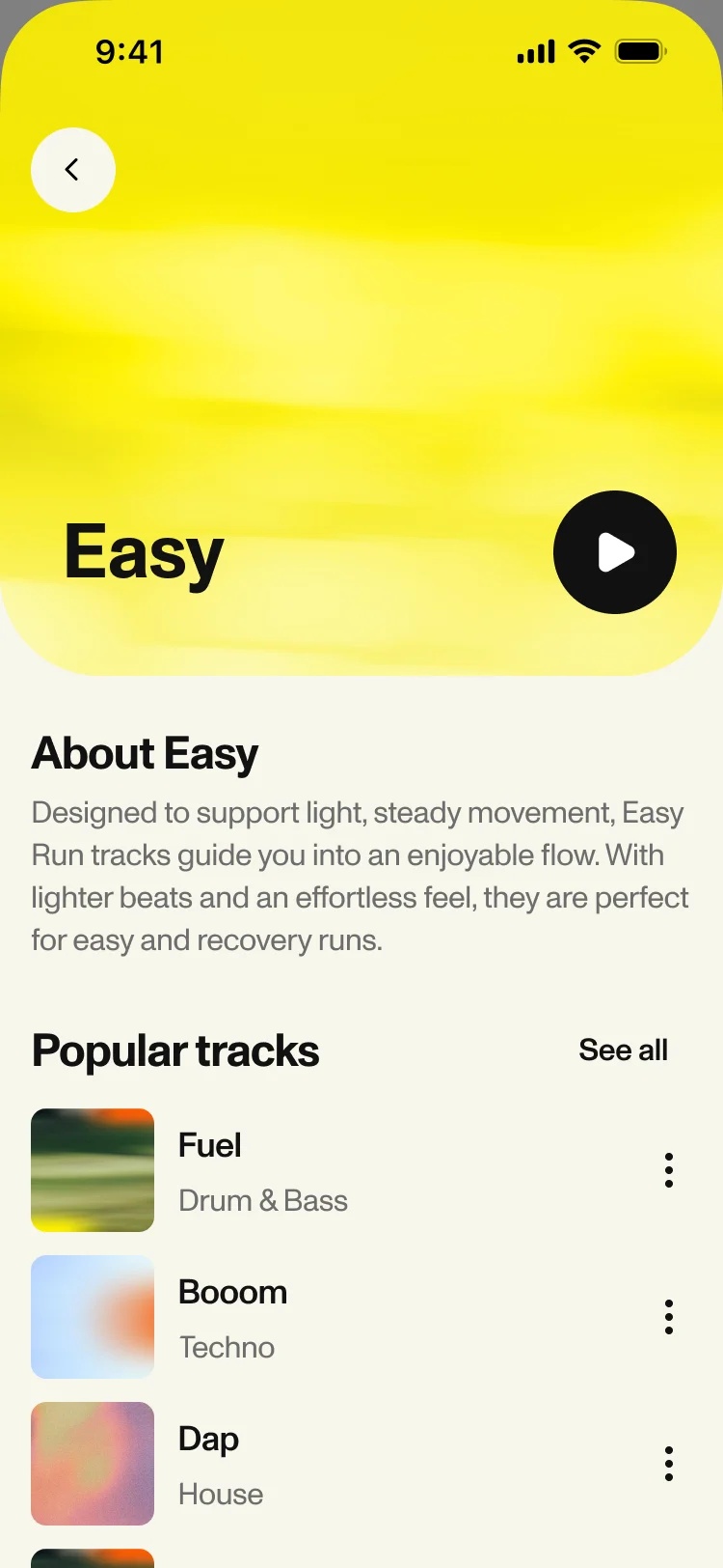 Easy page: a yellow header with play, About Easy, and popular tracks
