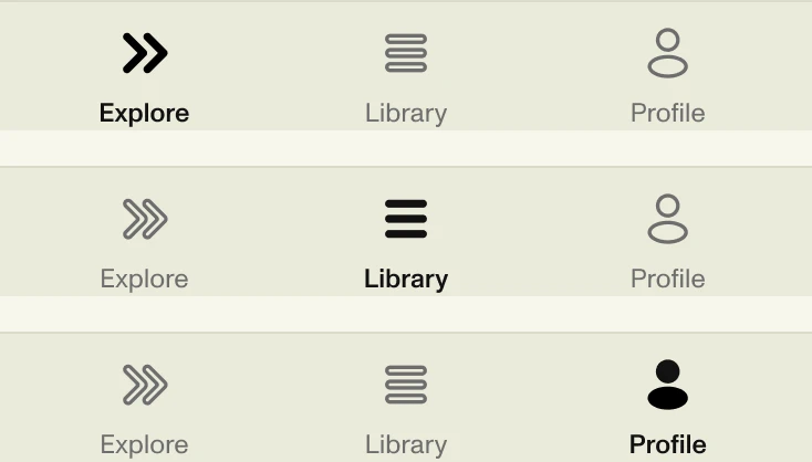 The RUNNERS HIGH tab bar three times, with Explore, Library and Profile active in turn