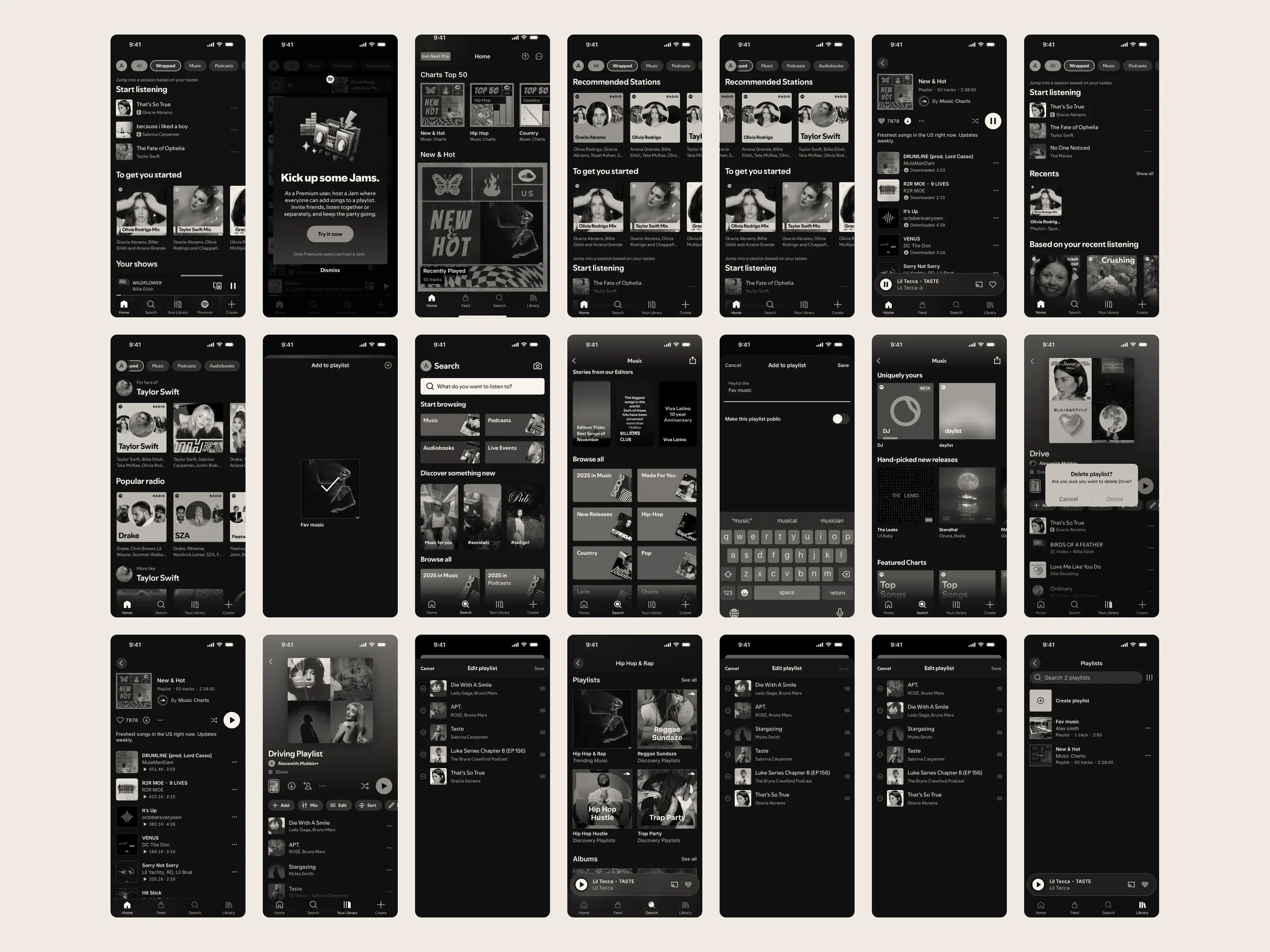 Competitor research wall: 21 screens of a leading music-streaming app in three rows, from home, stations and charts to search, playlists, editing a playlist and the player, with its artists’ covers and photos