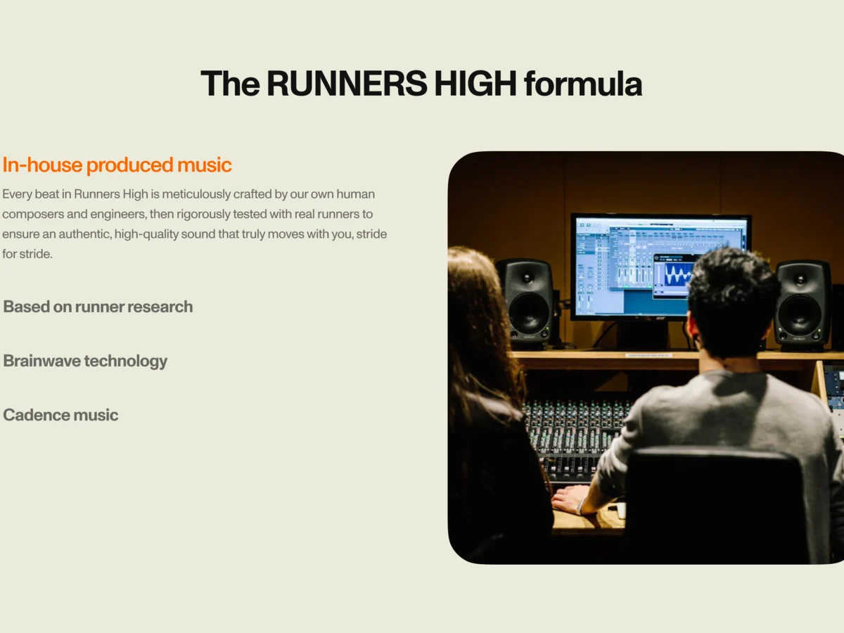 A section of the RUNNERS HIGH website: The RUNNERS HIGH formula, with in-house produced music and a photo of a recording studio