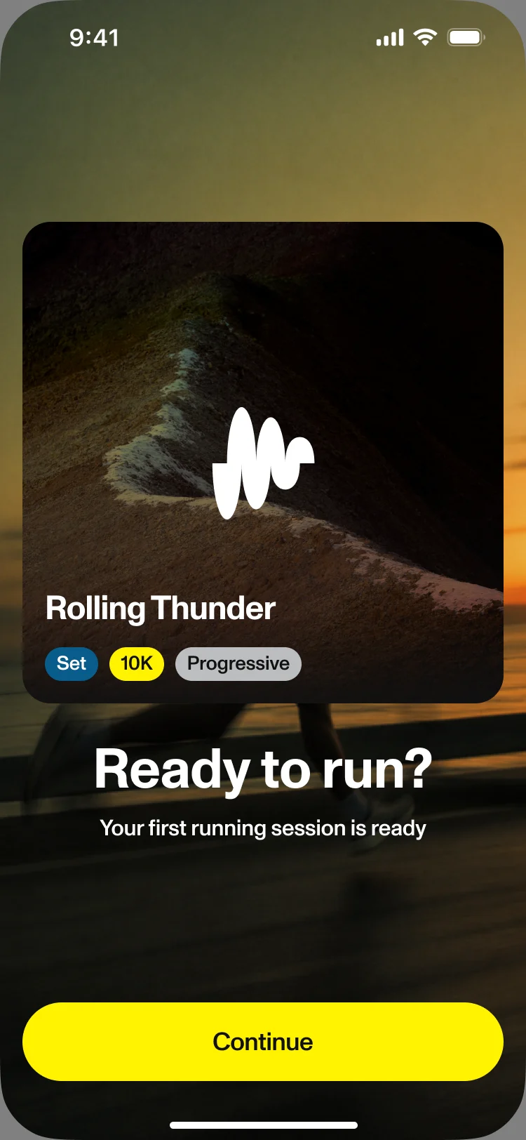 Ready to run: the set Rolling Thunder tagged Set, 10K and Progressive, with a Continue button